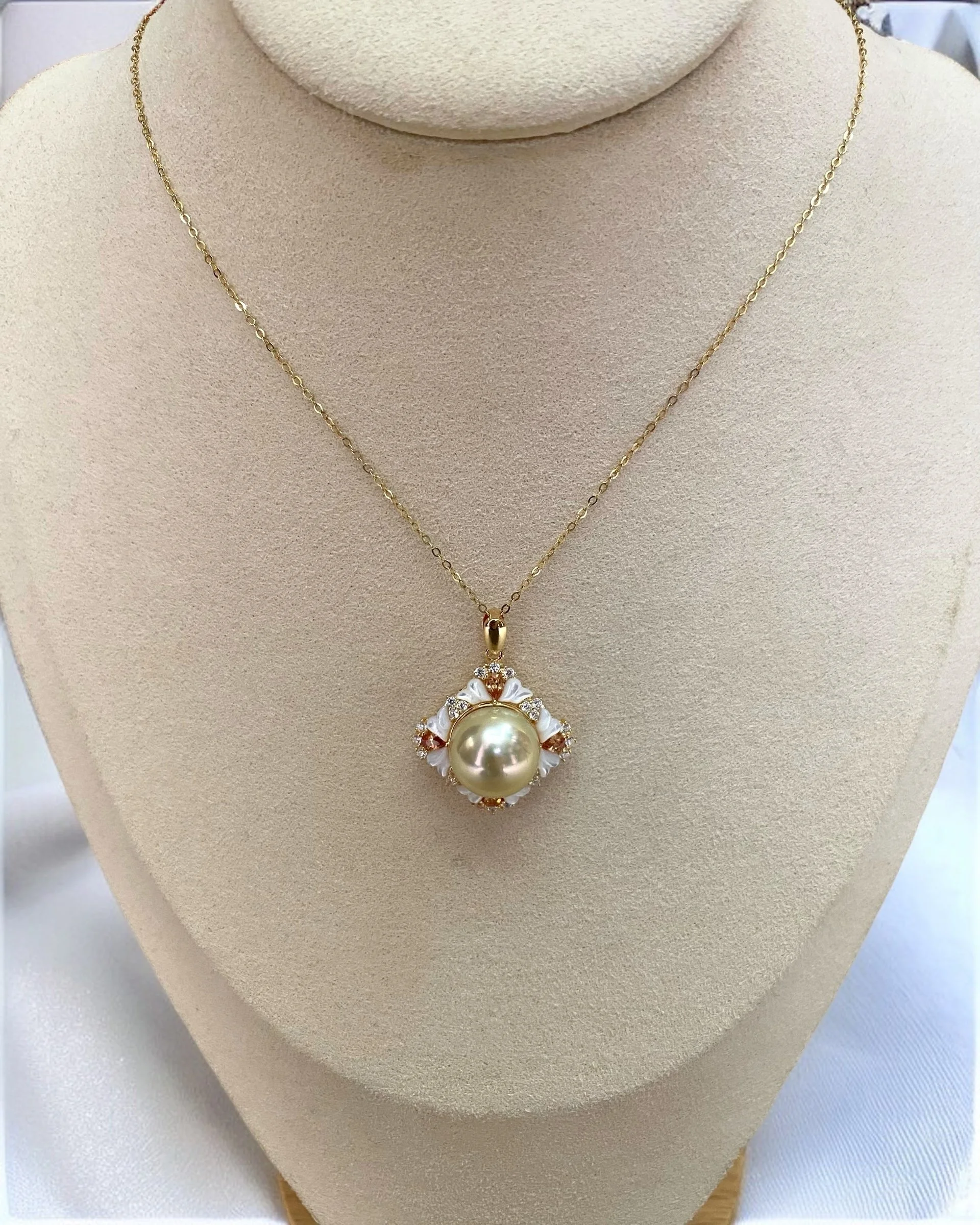 Ultra-Rare 13-13.5mm Lemon Candy Gold Japanese Amami Ōshima Pearl Pendant, 7A Mirror Lustre, Vintage Court-Style Floral S925 Silver MOP & CZ Starlit Pearls