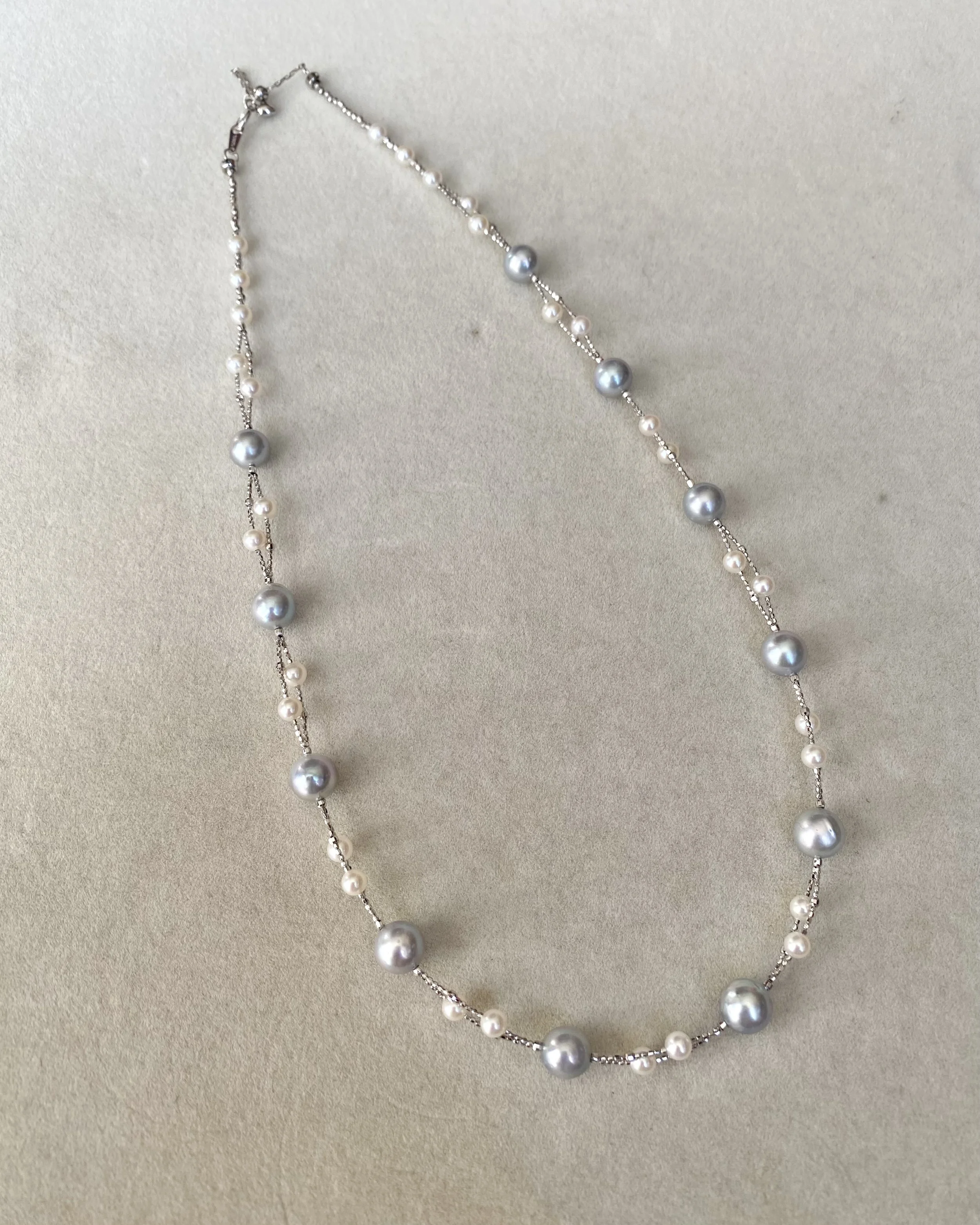 'Celestial Drift' Natural Silver-Grey Japanese Madama Akoya & Mini White Pearl Double-Strand Necklace 7–8mm/3mm, Japanese S925 Silver Starlit Pearls