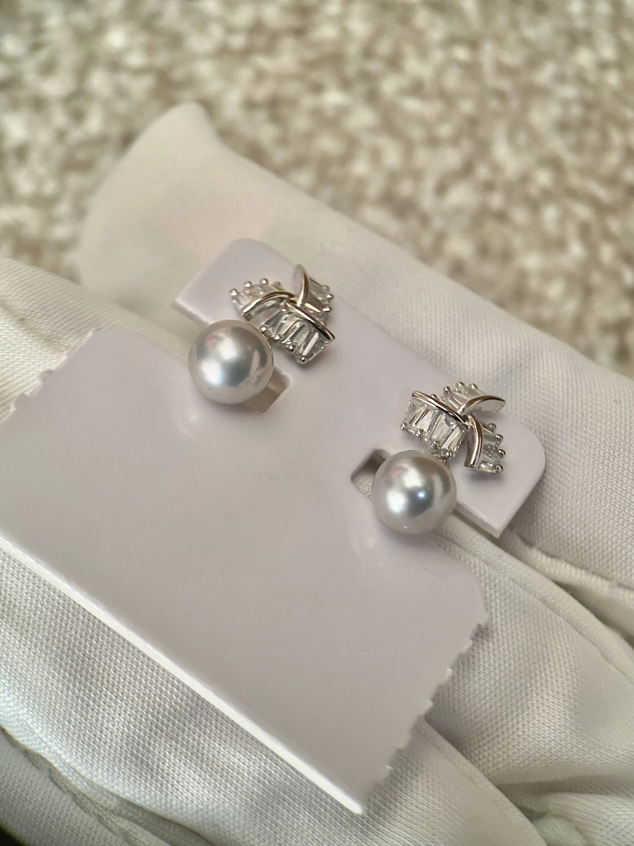 Japanese Madama Akoya Pearl Earrings 6.7mm, Cool-Toned Silver-Grey, Flawless, S925 Silver Ribbon Fan_Baguette CZ, Exhibition Piece