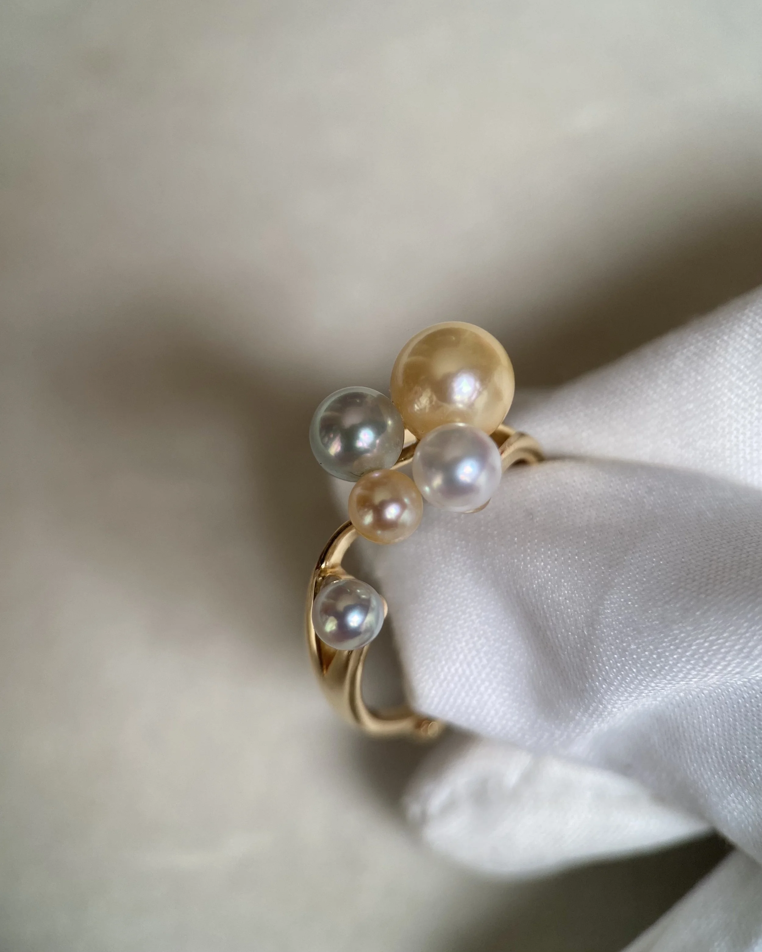 Rare Japanese Akoya Pearl Cluster Ring – Golden Dawn, Saiundama & Sairindama Pearls, Scattered Starlight Design, S925 Silver Band Starlit Pearls