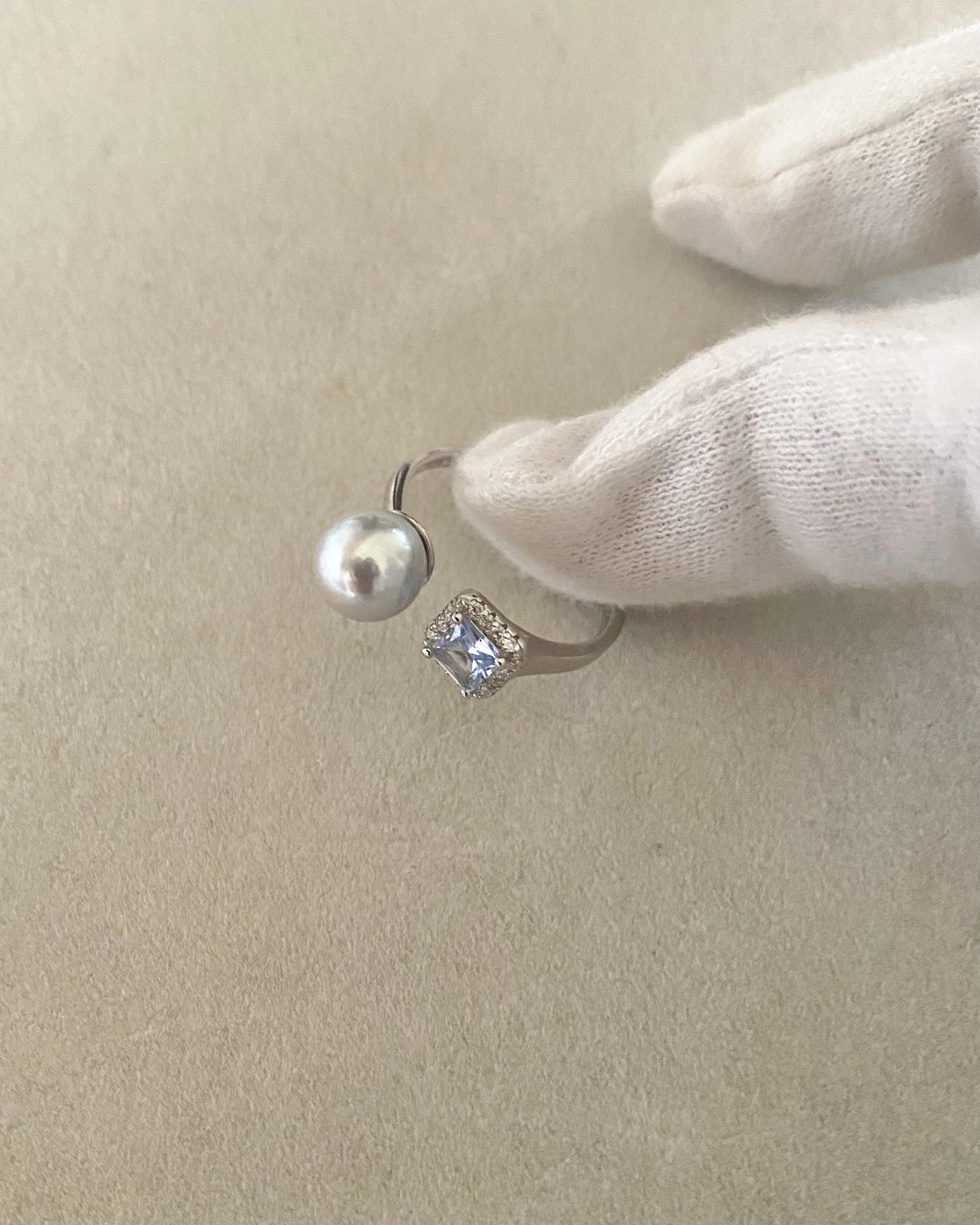 Premium Japanese Silver-Grey Blue Madama Akoya Pearl Open Ring 7.5mm, Ice-Blue Princess-Cut CZ, Adjustable S925, Exhibition Piece Starlit Pearls