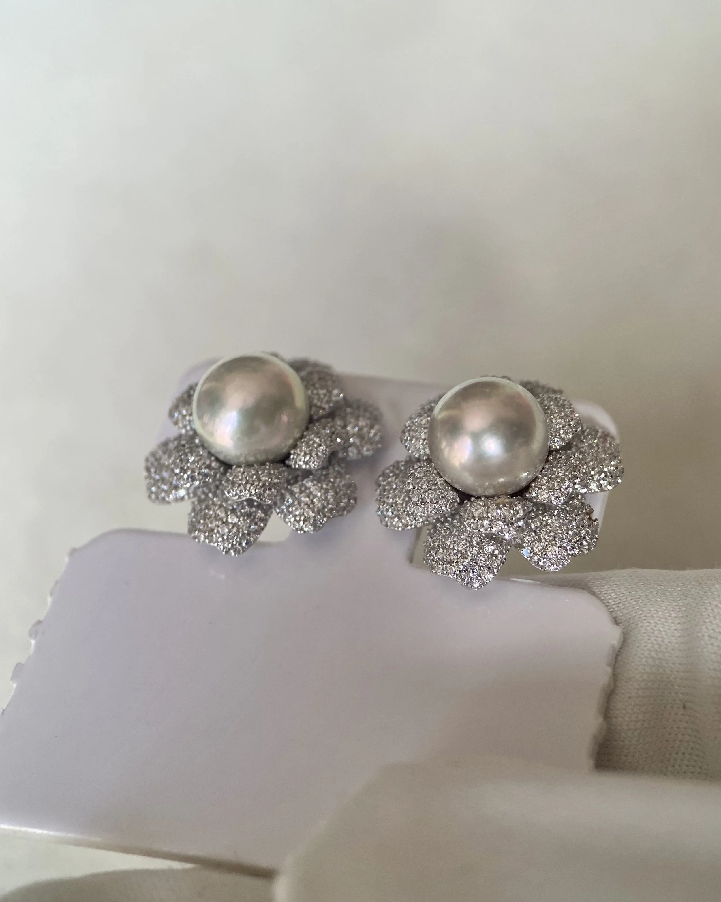 Luxury Gardenia Blossom_Japanese Silver-Grey Madama Akoya Pearl Stud Earrings 8.2mm, Double-Layer Pavé S925 Silver, Exhibition Piece Starlit Pearls
