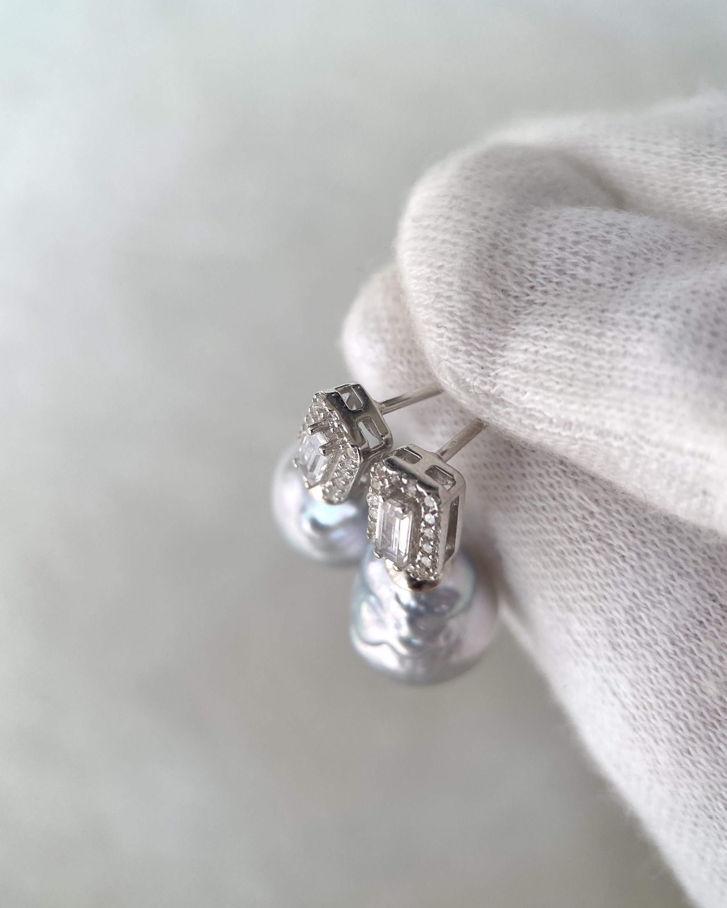 Rare Silver Australian South Sea Baroque Pearl Drop Earrings 11mm, Cool Icy Silver Lustre, S925 Silver Baguette CZ Design, Show Piece Starlit Pearls