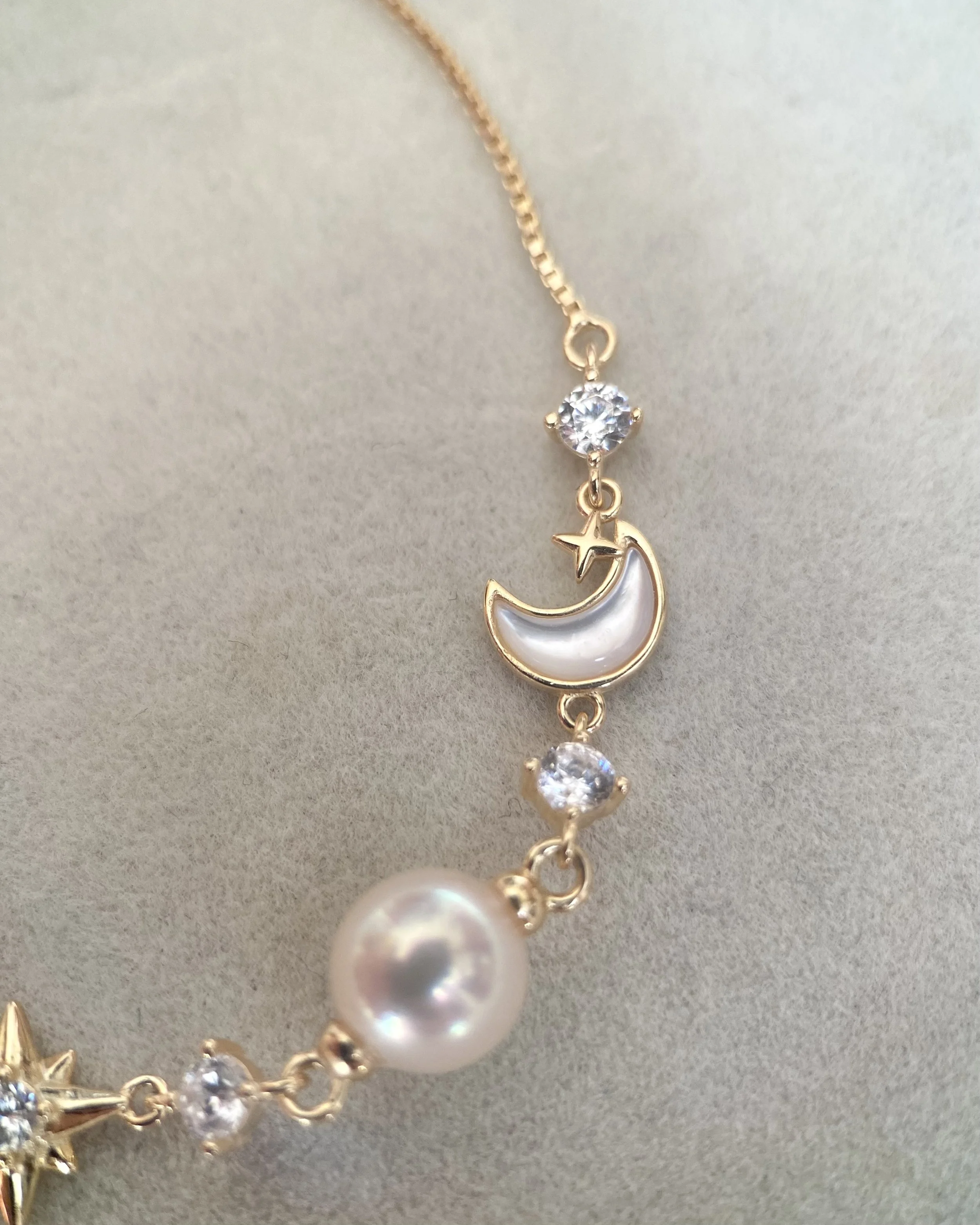 White Japanese Akoya Pearl Celestial Bracelet 7.4mm, MOP Moon & North Star with CZ, S925 Silver Adjustable Box Chain, Show Piece Starlit Pearls