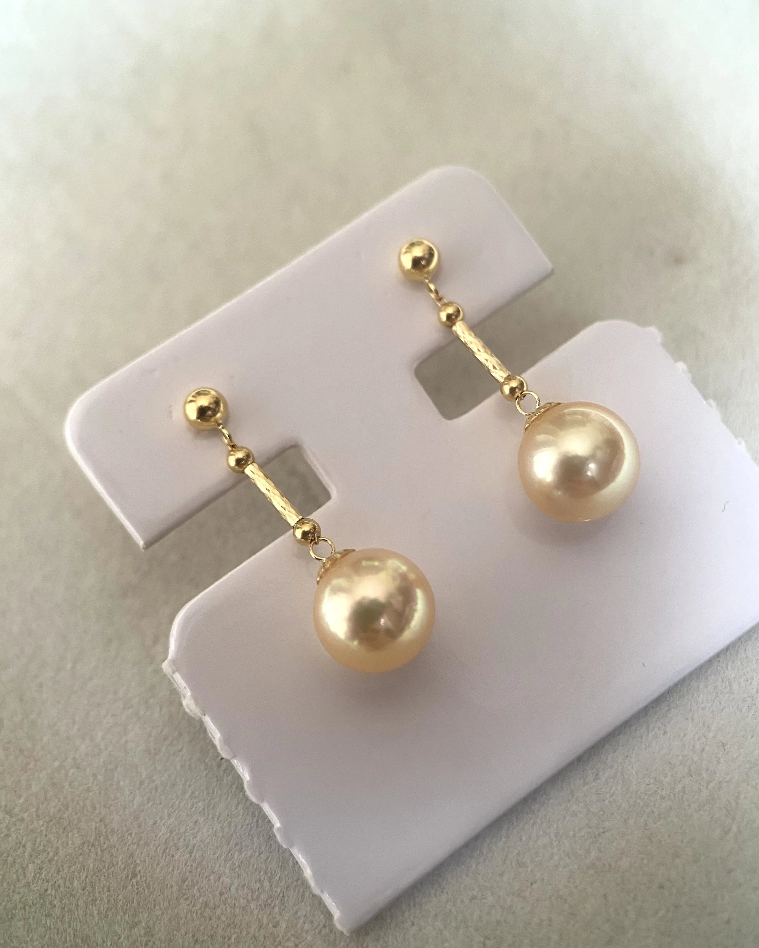 Japanese Amami Oshima Golden Pearl Drop Earrings in Solid 18K Gold 7.6mm, Iridescent Overtones, Graceful Movement Starlit Pearls