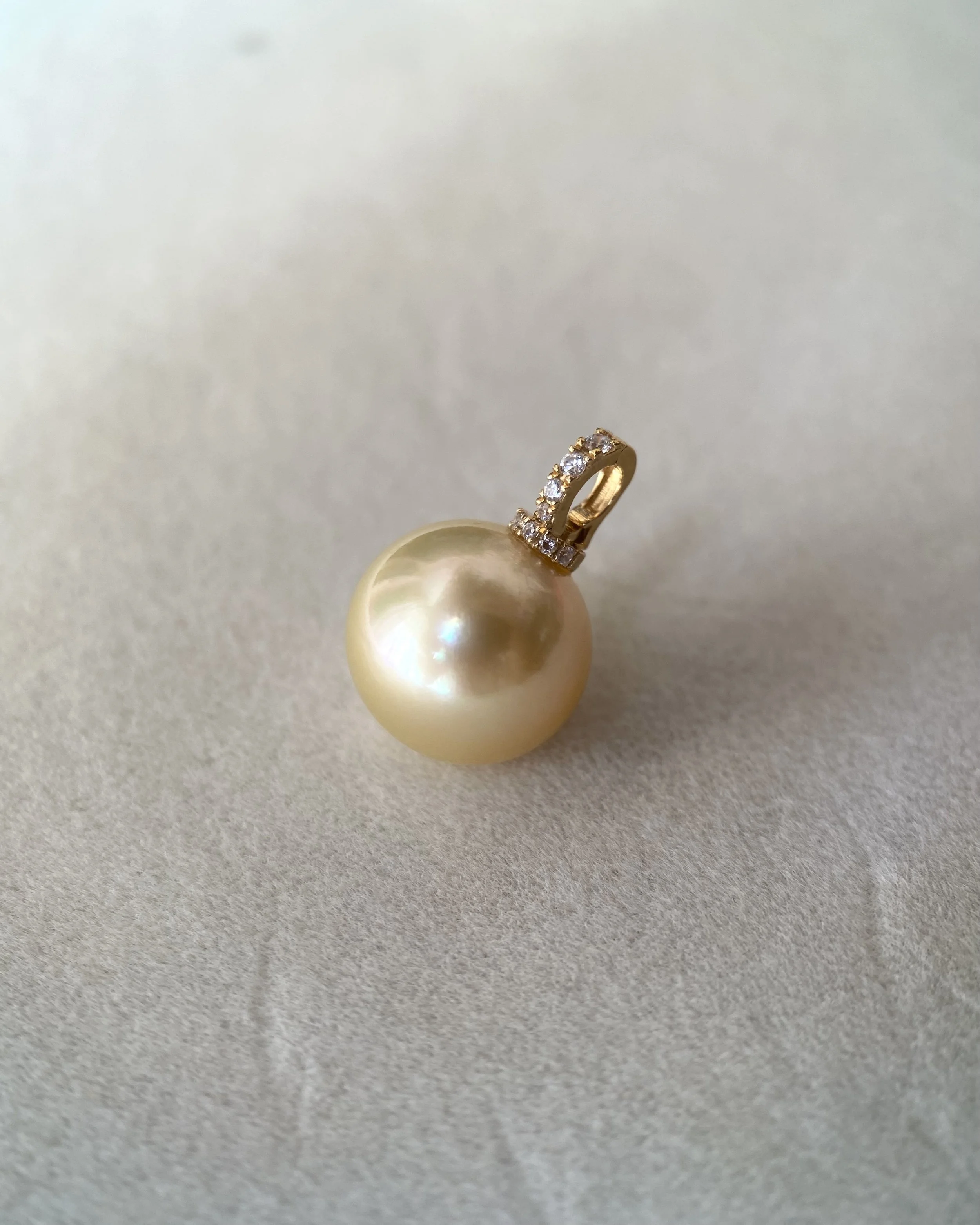 12.1mm Genuine Golden South Sea Pearl Pendant, Solid 18K Gold Clip Bail, Pavé CZ Diamond Accents, Mirror-Like Lustre, Gift For Her Starlit Pearls
