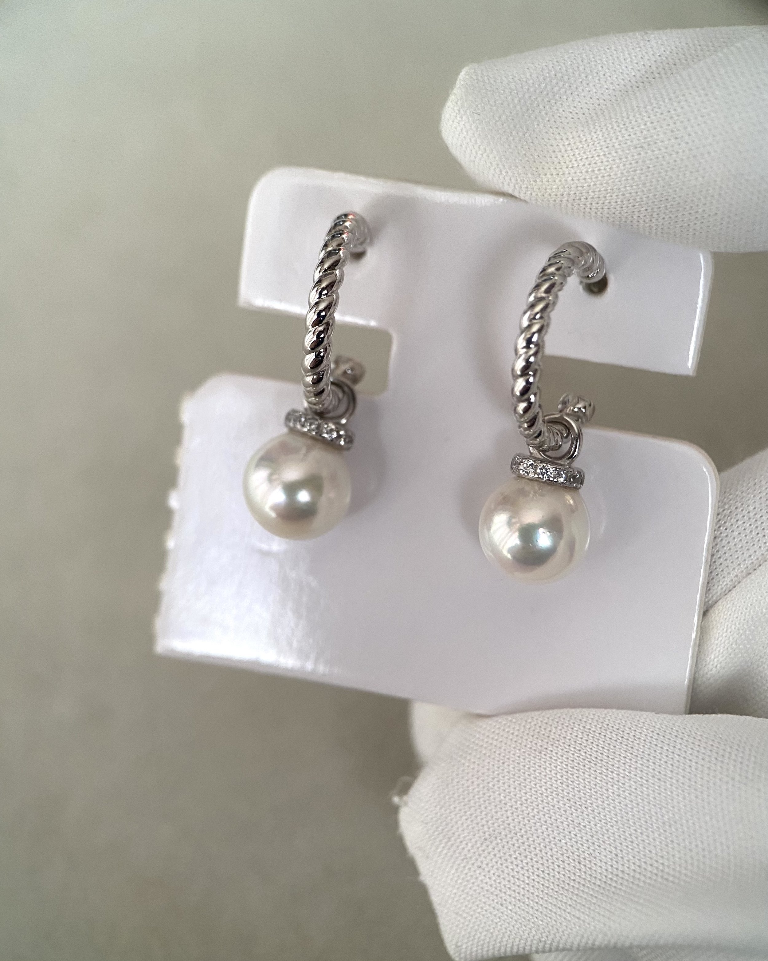 2-in-1 Convertible Top Gr. “Specially Selected” Japanese Crystal White Akoya Pearl Earrings 8mm, S925 Silver Rope-Twist Hoops/Pendant Starlit Pearls