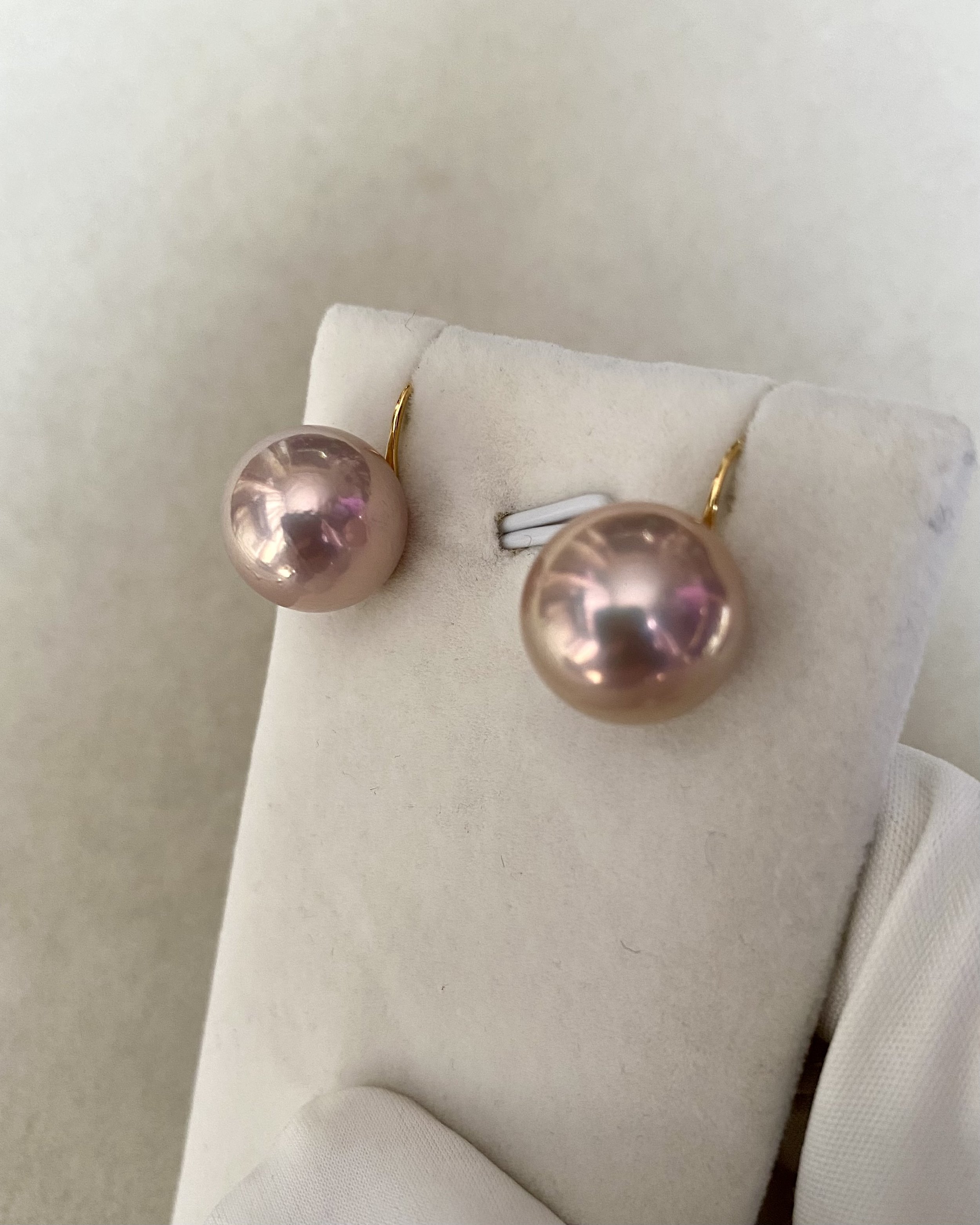 13.1mm Natural Rose-Lavender Freshwater Pearl Earrings, Candy Iridescence & Thick 18K Solid Gold Hooks Starlit Pearls