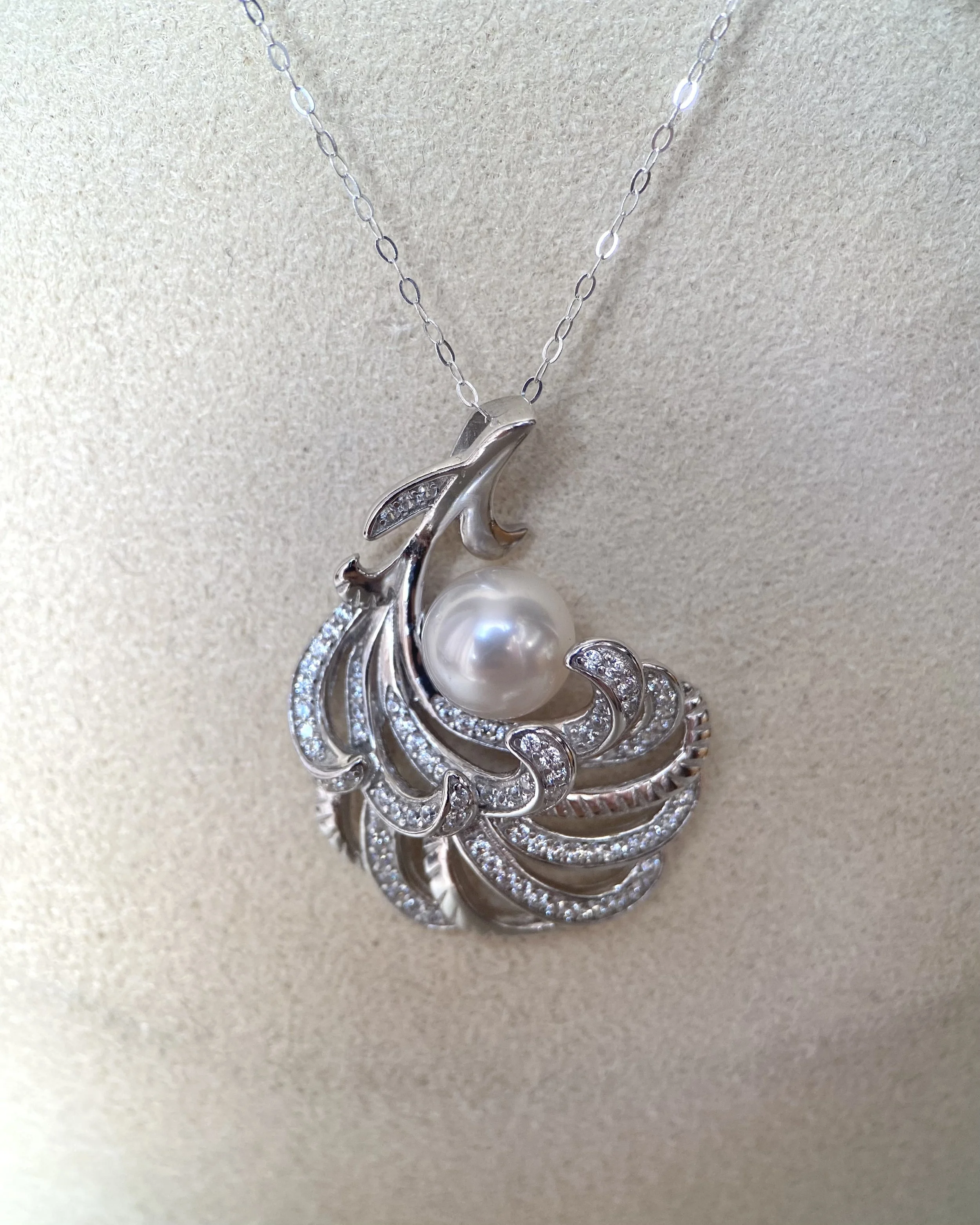 Top Quality Crystal White Japanese Akoya Pearl Pendant 8mm, Sculptural Layered Feather S925 Silver & CZ Design, Exhibition Piece Starlit Pearls