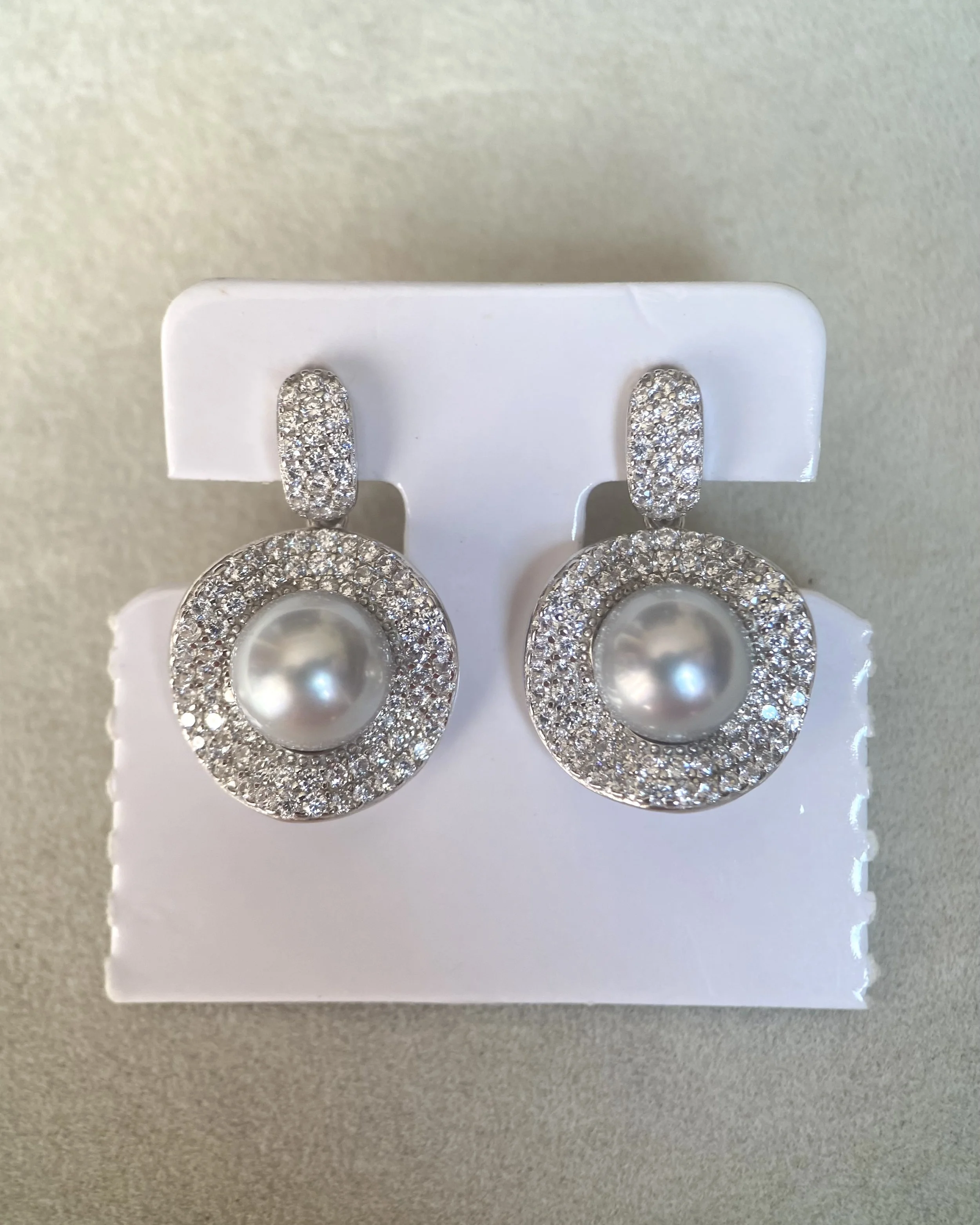 Luxury Pavé Natural Silver Grey Japanese Madama Akoya Pearl Drop Earrings 8.1mm, Japanese S925 Silver Double Halo, Exhibition Piece Starlit Pearls