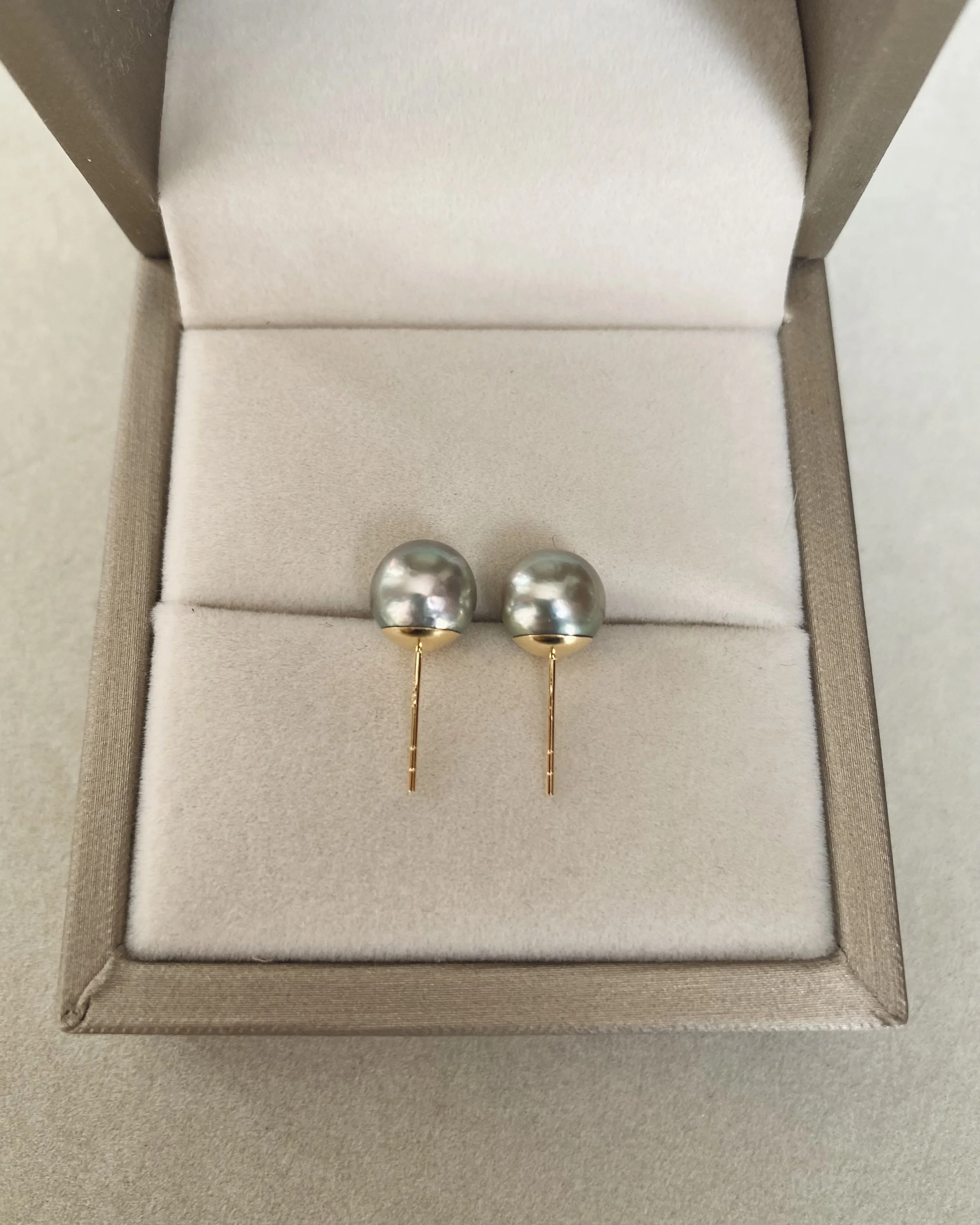 8mm Silver Olive-Green Japanese Madama Akoya Pearl Stud Earrings, Metallic Lustre, Solid 18K Thick Posts & Full Gold Cap Setting Starlit Pearls