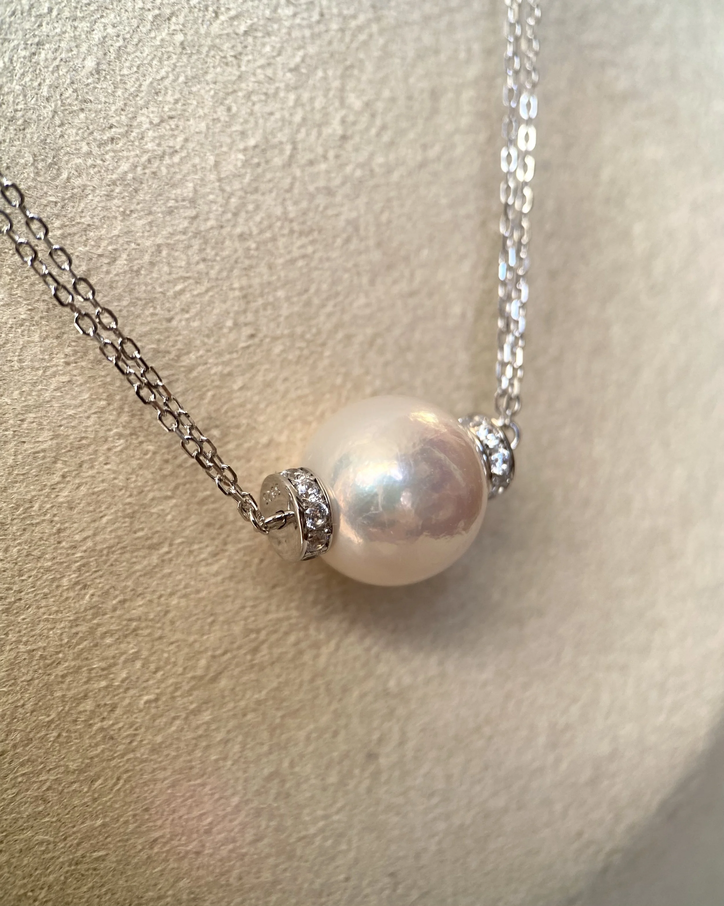 12.5–13mm Radiant White Freshwater Pearl Pendant Necklace, Soft Pink Overtone, Japanese Twin-Chain in S925 Silver, 19" Long, Wedding Starlit Pearls