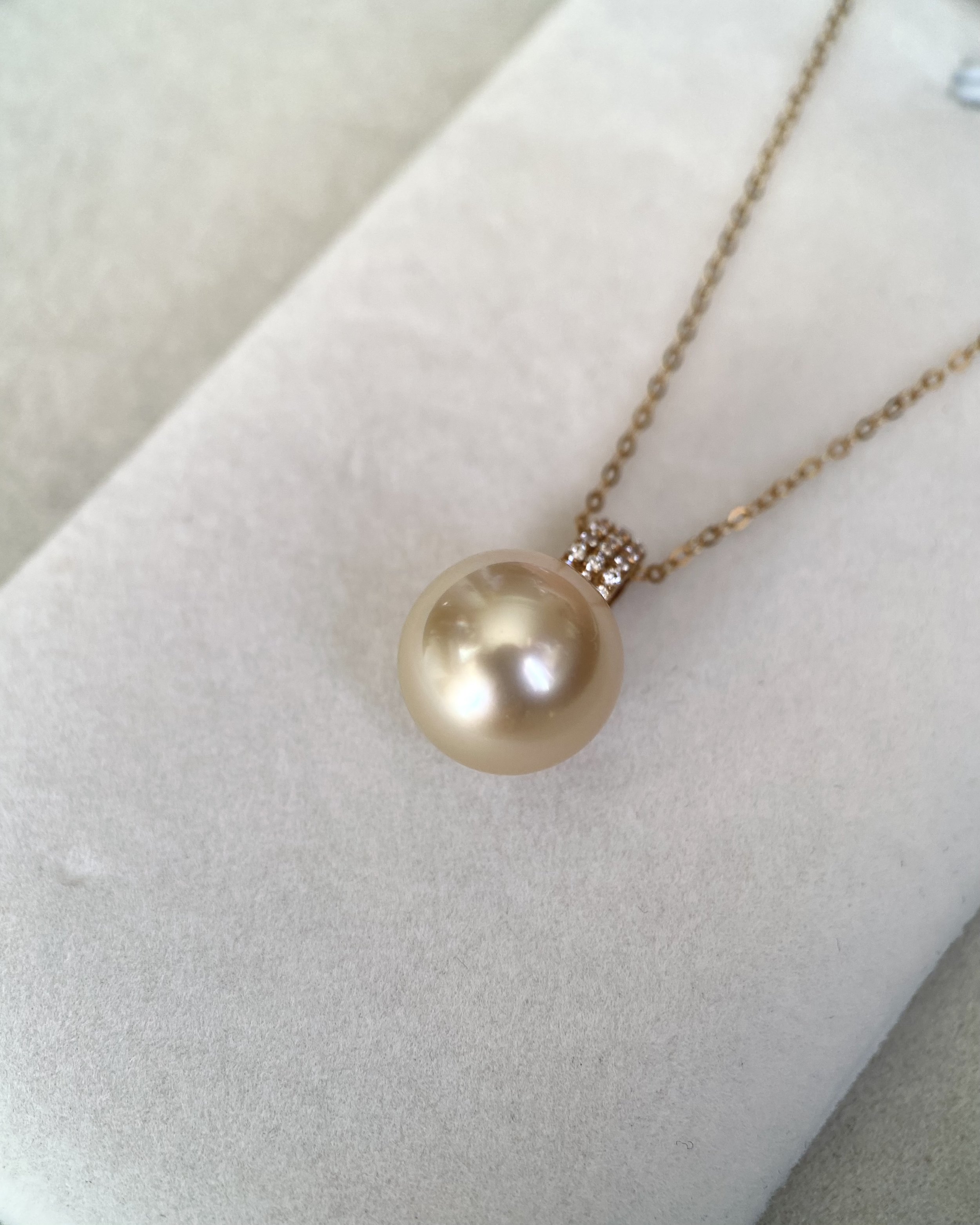 Perfectly Flawless 11.5mm Genuine Golden South Sea Pearl Pendant, Thick G18K Solid Gold Bail, Pavé CZ Diamond Accents, Mirror-Like Lustre Starlit Pearls