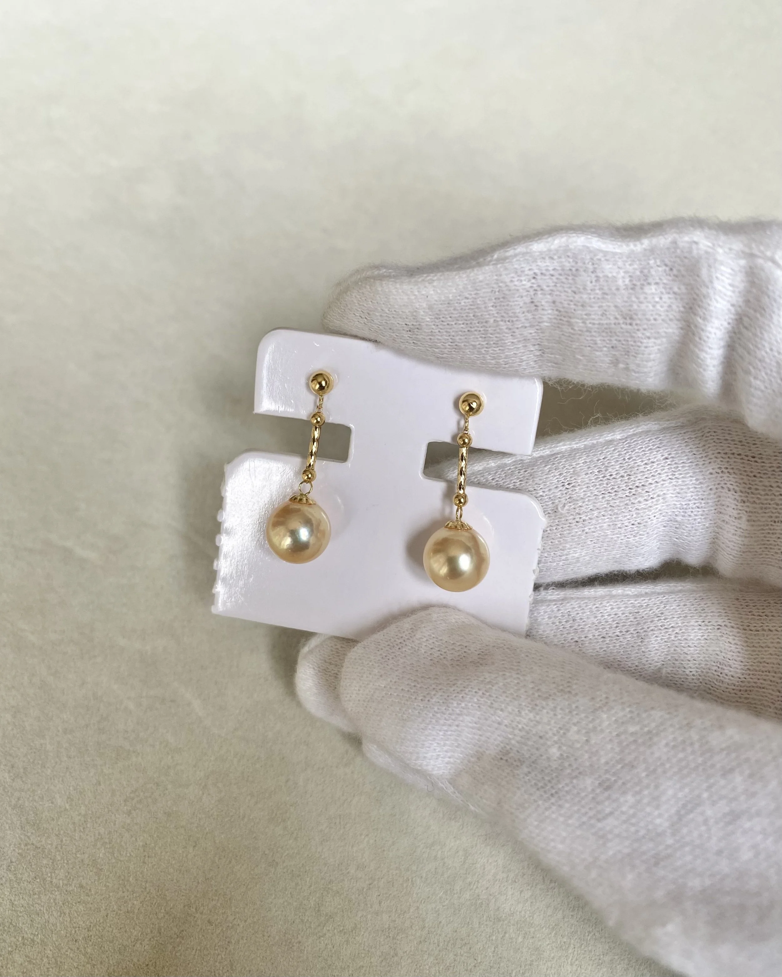 Japanese Amami Oshima Golden Pearl Drop Earrings in Solid 18K Gold 7.6mm, Iridescent Overtones, Graceful Movement Starlit Pearls