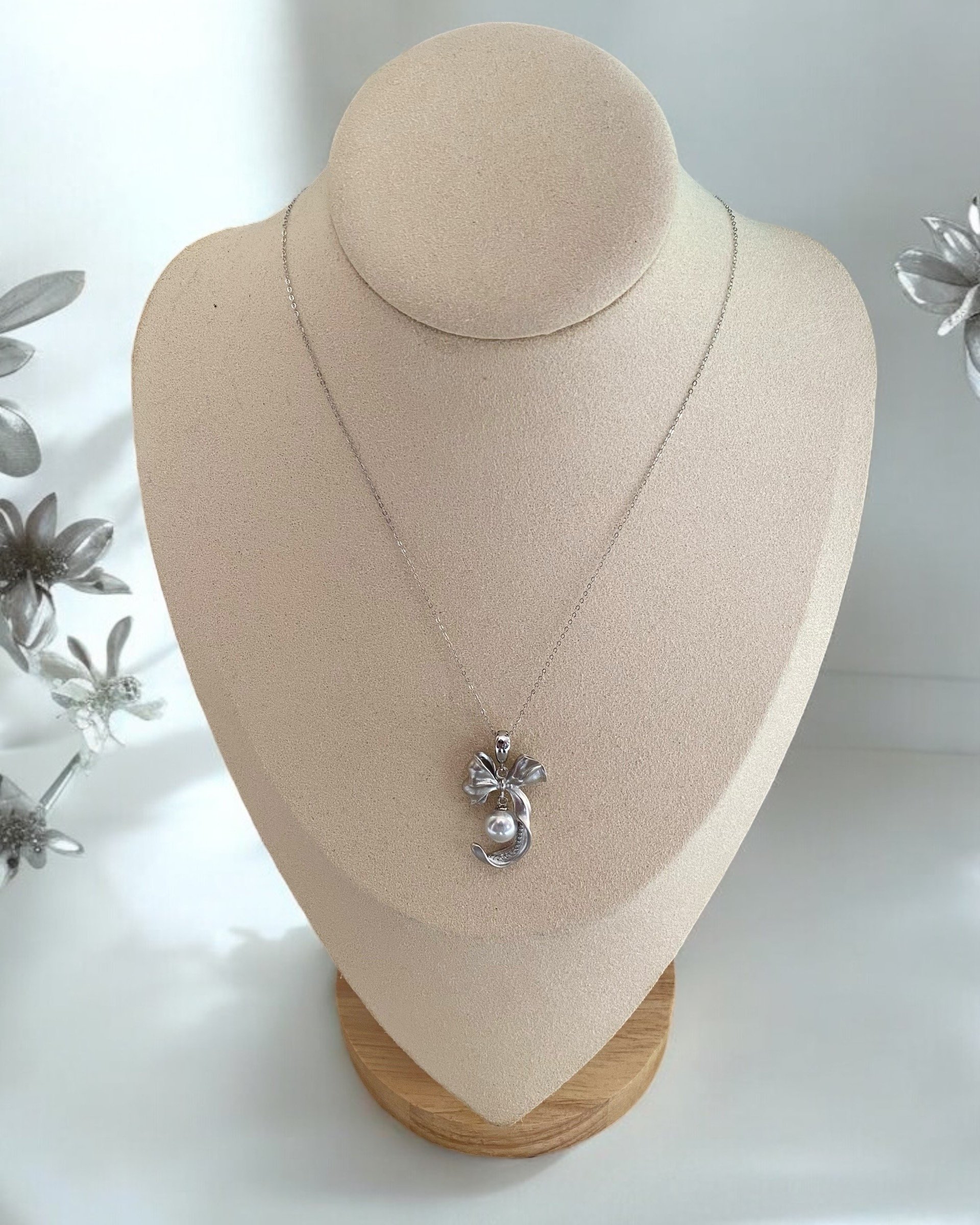 Original Japanese Pendant_Top-Tier Specially Selected Gr 8.3mm Japanese Natural Silver-Grey Madama Akoya Pearl, S925 Matte-Finish Bow Design Starlit Pearls
