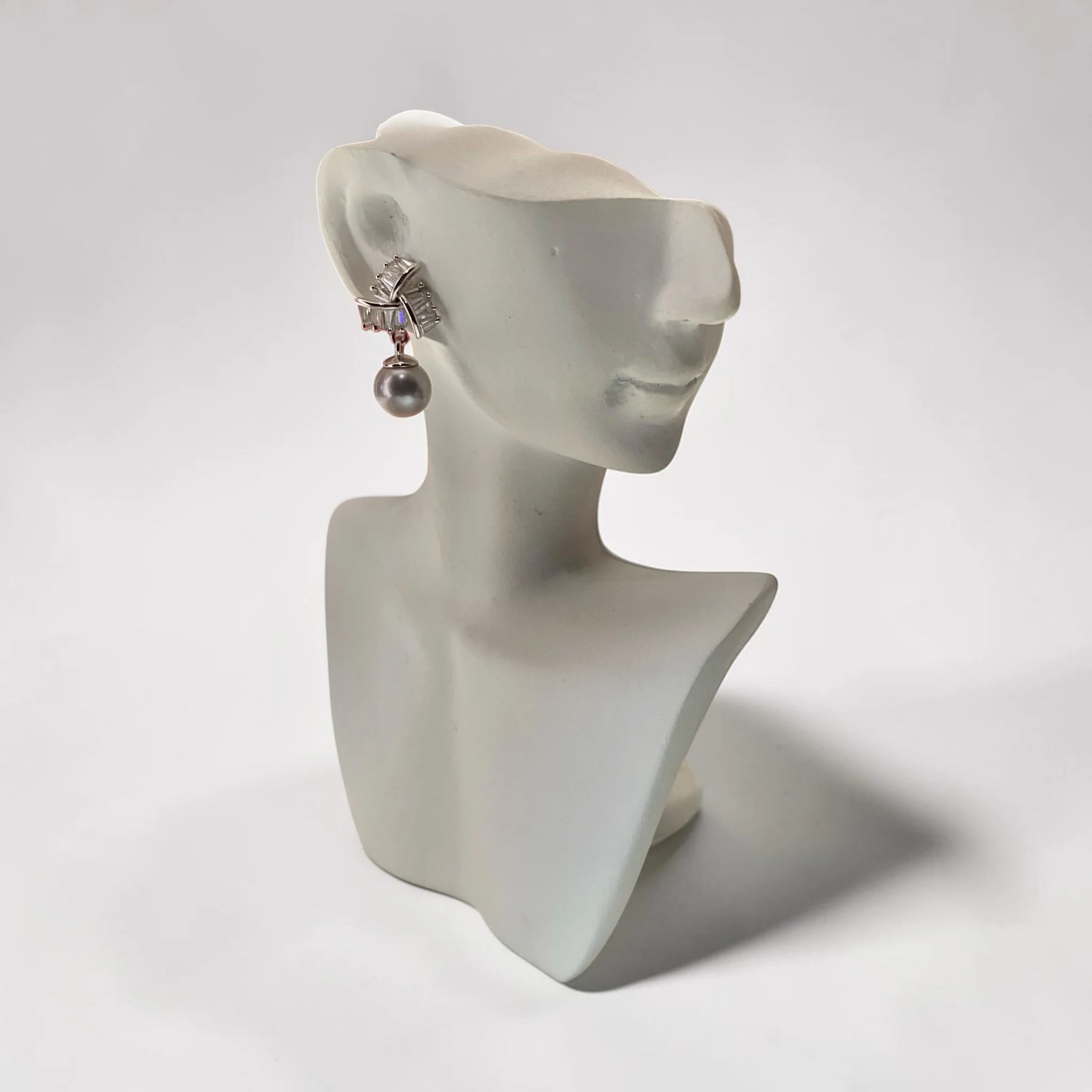 Japanese Madama Akoya Pearl Earrings 6.7mm, Cool-Toned Silver-Grey, Flawless, S925 Silver Ribbon Fan_Baguette CZ, Exhibition Piece