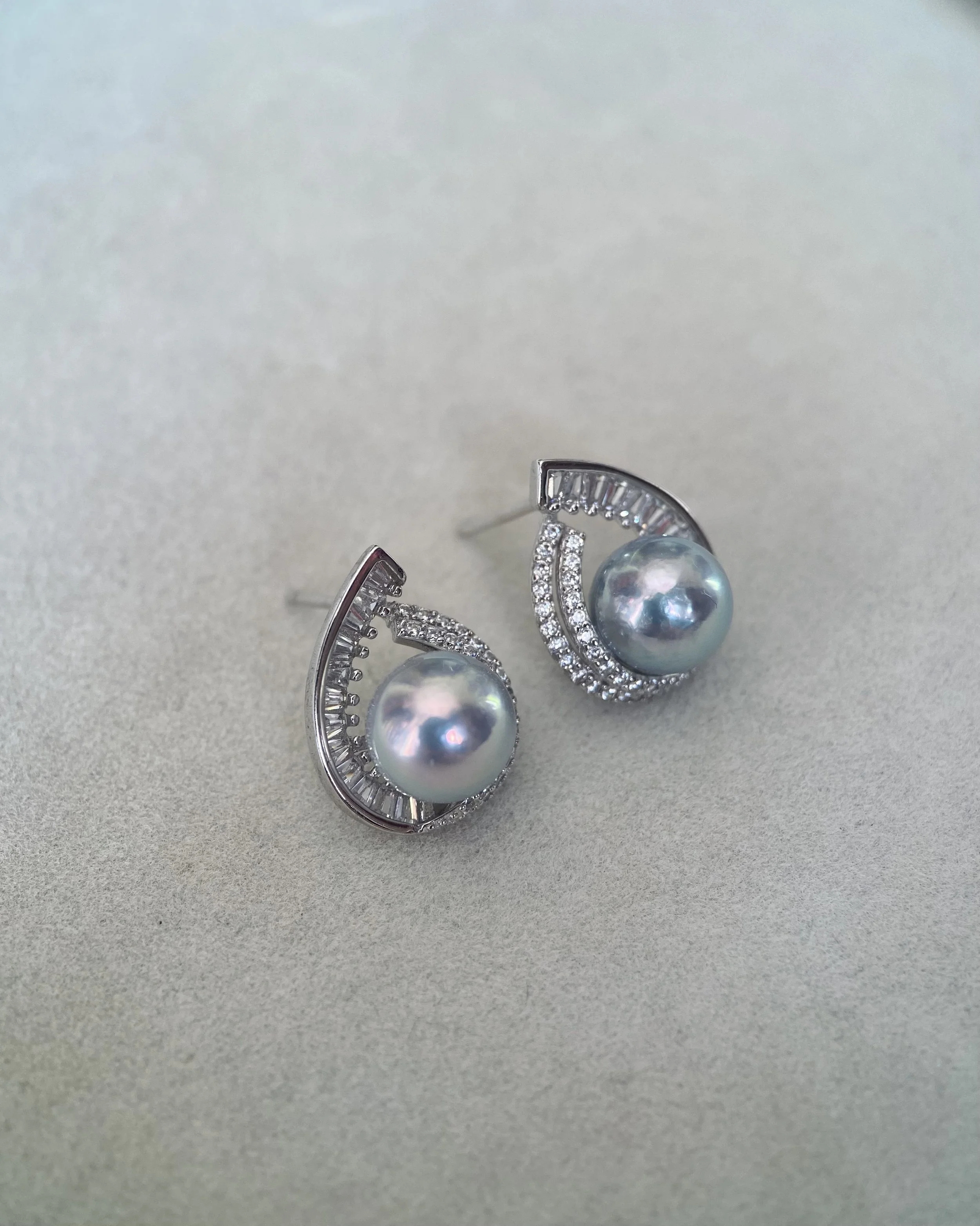 Japanese Silver Grey Madama Akoya Pearl Earrings 8–8.3mm, Iridescent Overtones, S925 Silver Teardrop Baguette Design, Exhibition Piece Starlit Pearls