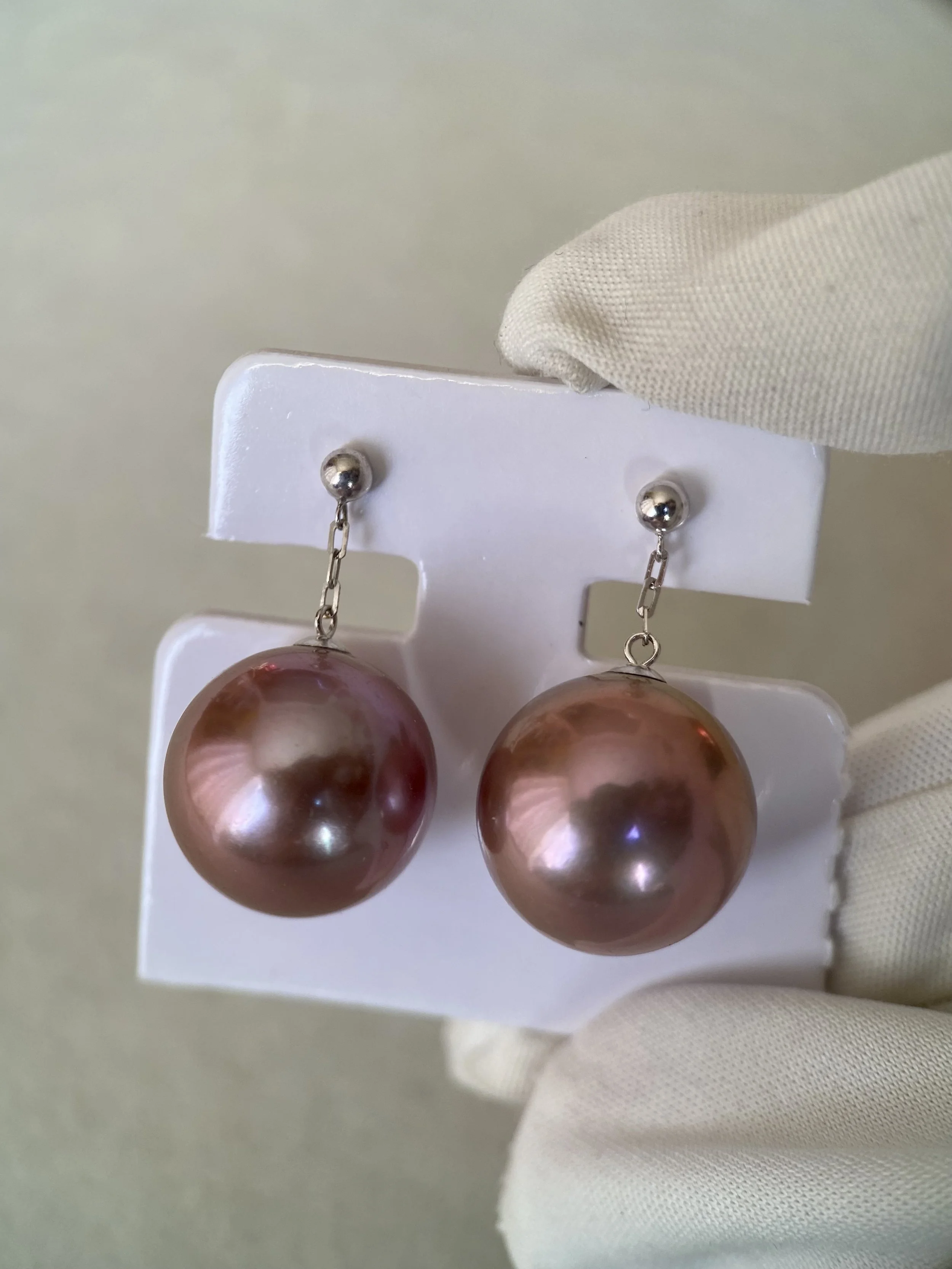 Giant 14.2mm Natural Plum-Pie Purple Freshwater Pearl Drop Earrings – Top-Tier 6A Quality, Mirror Lustre, Thick Solid 18K White Gold Starlit Pearls