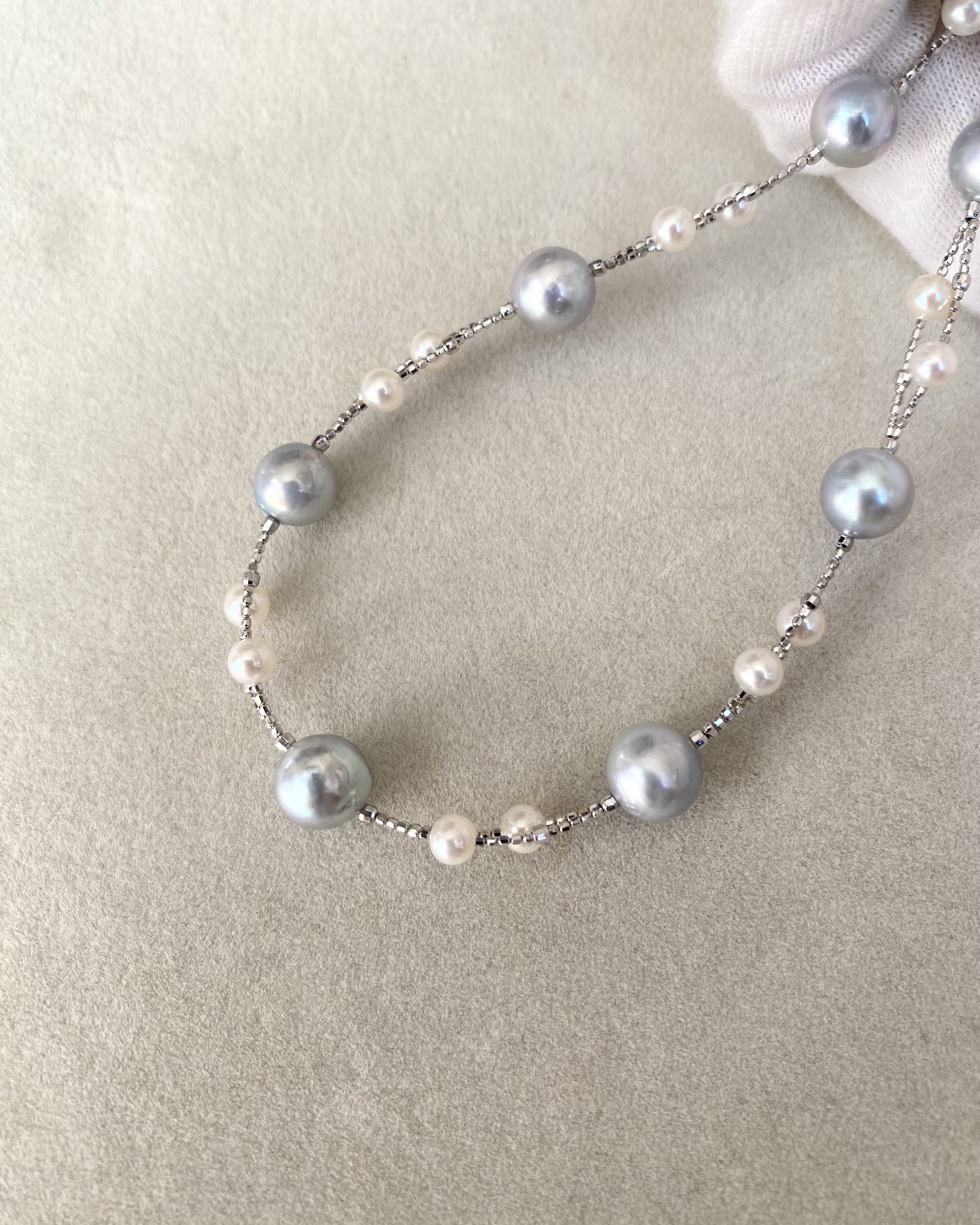 'Celestial Drift' Natural Silver-Grey Japanese Madama Akoya & Mini White Pearl Double-Strand Necklace 7–8mm/3mm, Japanese S925 Silver Starlit Pearls