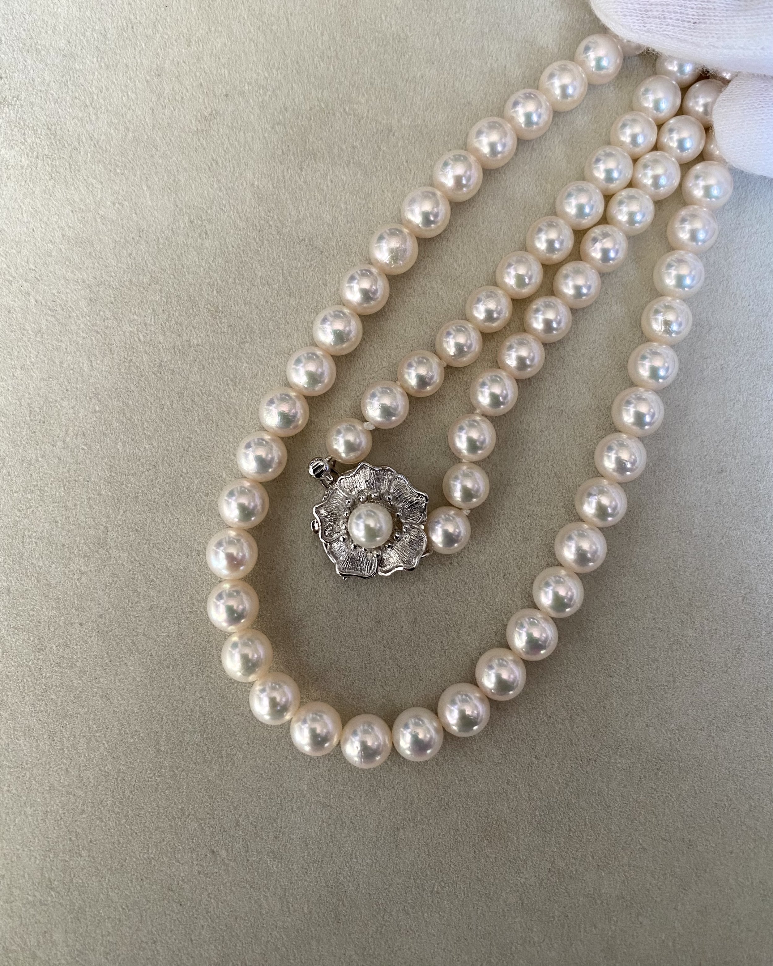 33" Extra-Long White Japanese Akoya Pearl Opera Necklace 6.5–7mm, Rose Overtone, 3D Floral Silver Clasp, Japan Jewellery Showpiece Starlit Pearls