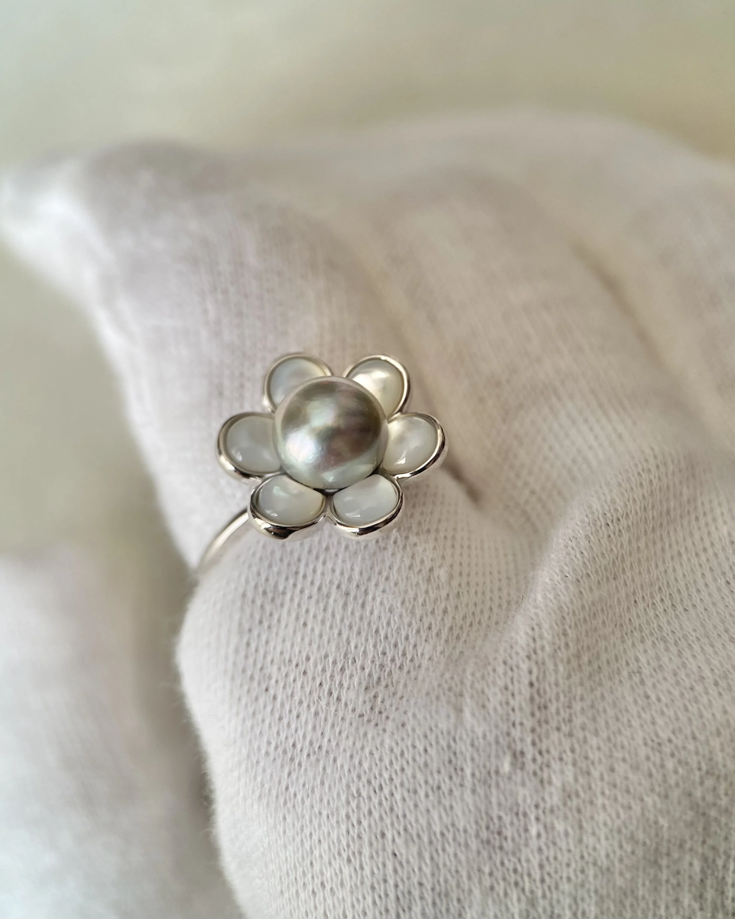 Japanese Natural Silver-Grey Madama Akoya Pearl Flower Ring 7.3mm, Rainbow Overtones, Mother of Pearl Petals, Silver Adjustable Band