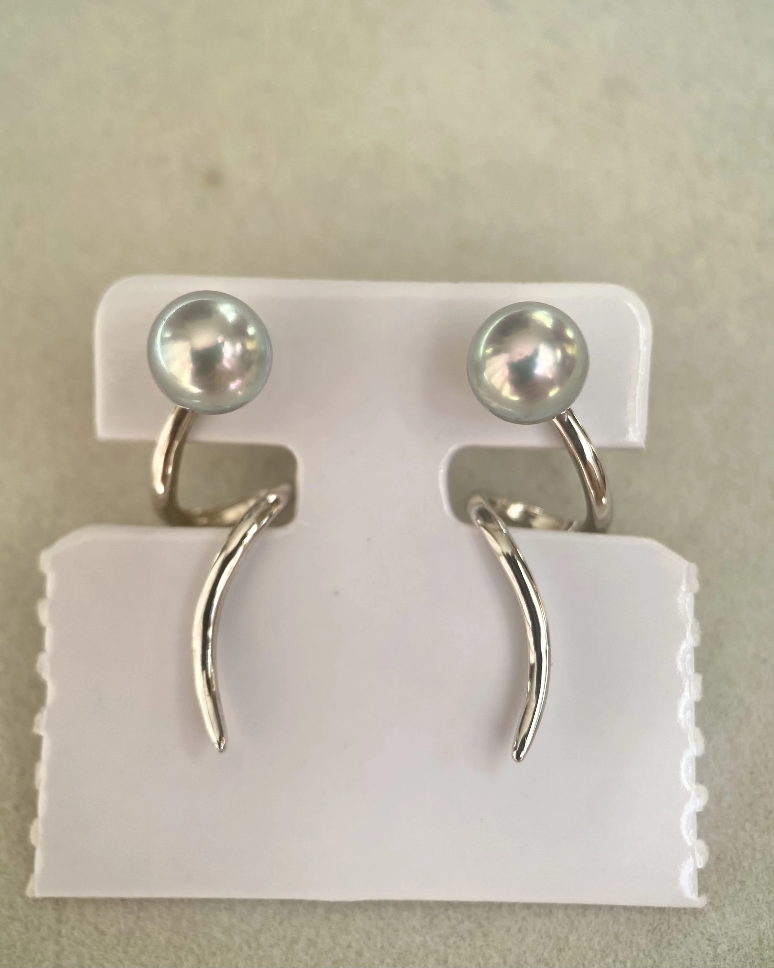 Natural Silver-Grey Blue Japanese Madama Akoya Pearl Earrings 7.1mm, Mirror Lustre, Sculptural Ribbon Wave S925 Design, Show Piece Starlit Pearls