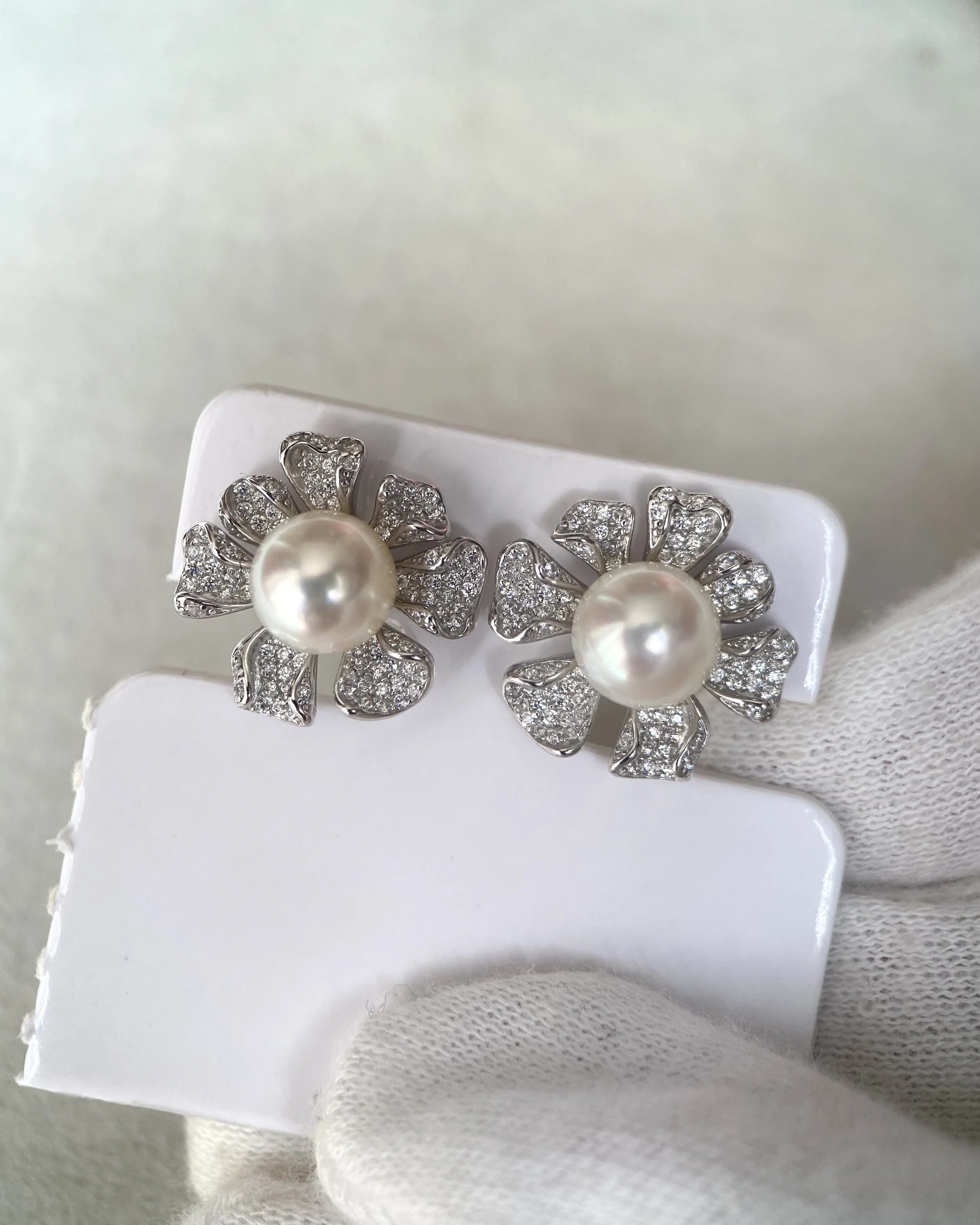 Japanese Crystal White Akoya Pearl Flower Stud Earrings 7-7.5mm, Soft Pink Overtone, Sculptural CZ Petals, S925 Silver, Show Piece Starlit Pearls