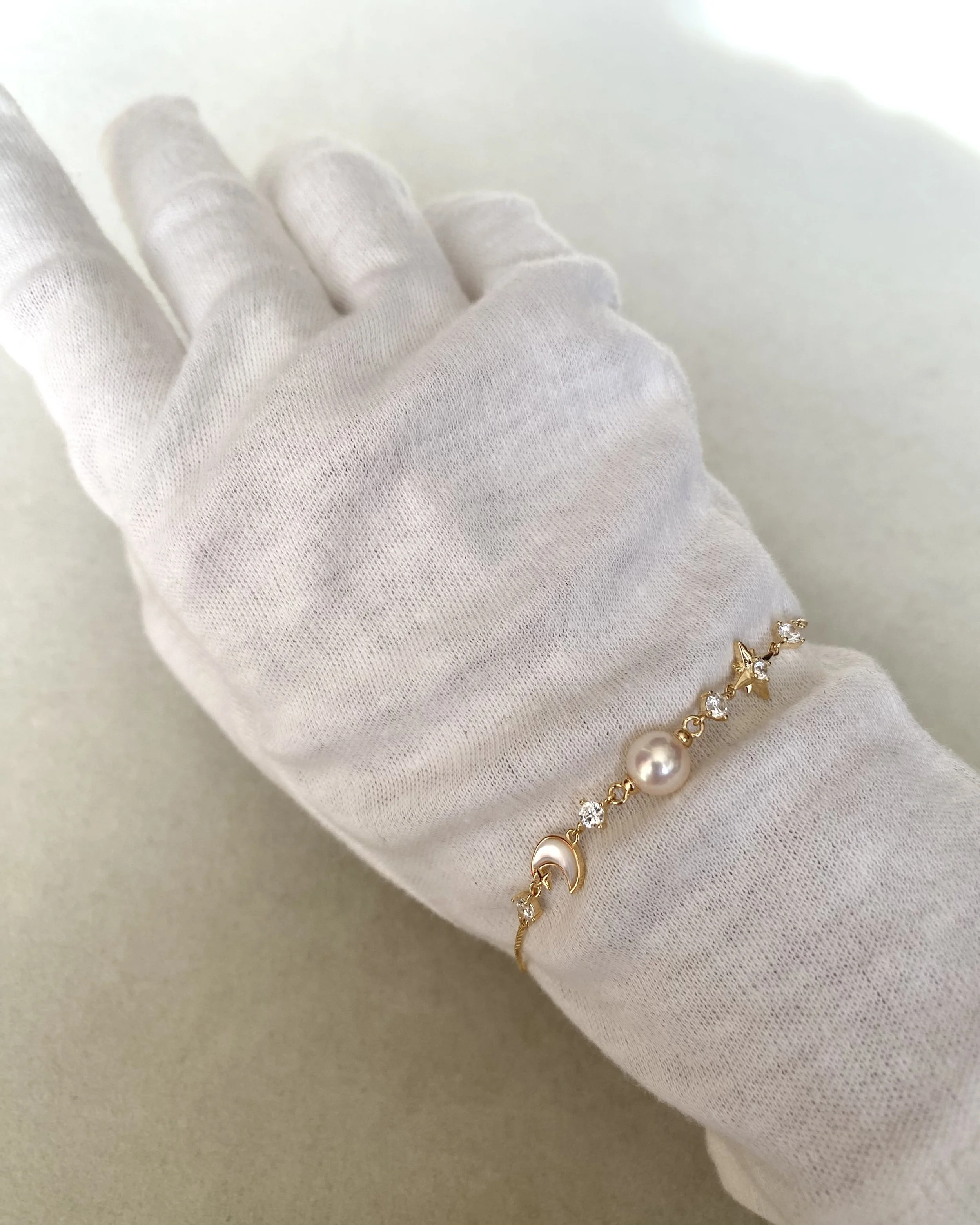White Japanese Akoya Pearl Celestial Bracelet 7.4mm, MOP Moon & North Star with CZ, S925 Silver Adjustable Box Chain, Show Piece Starlit Pearls