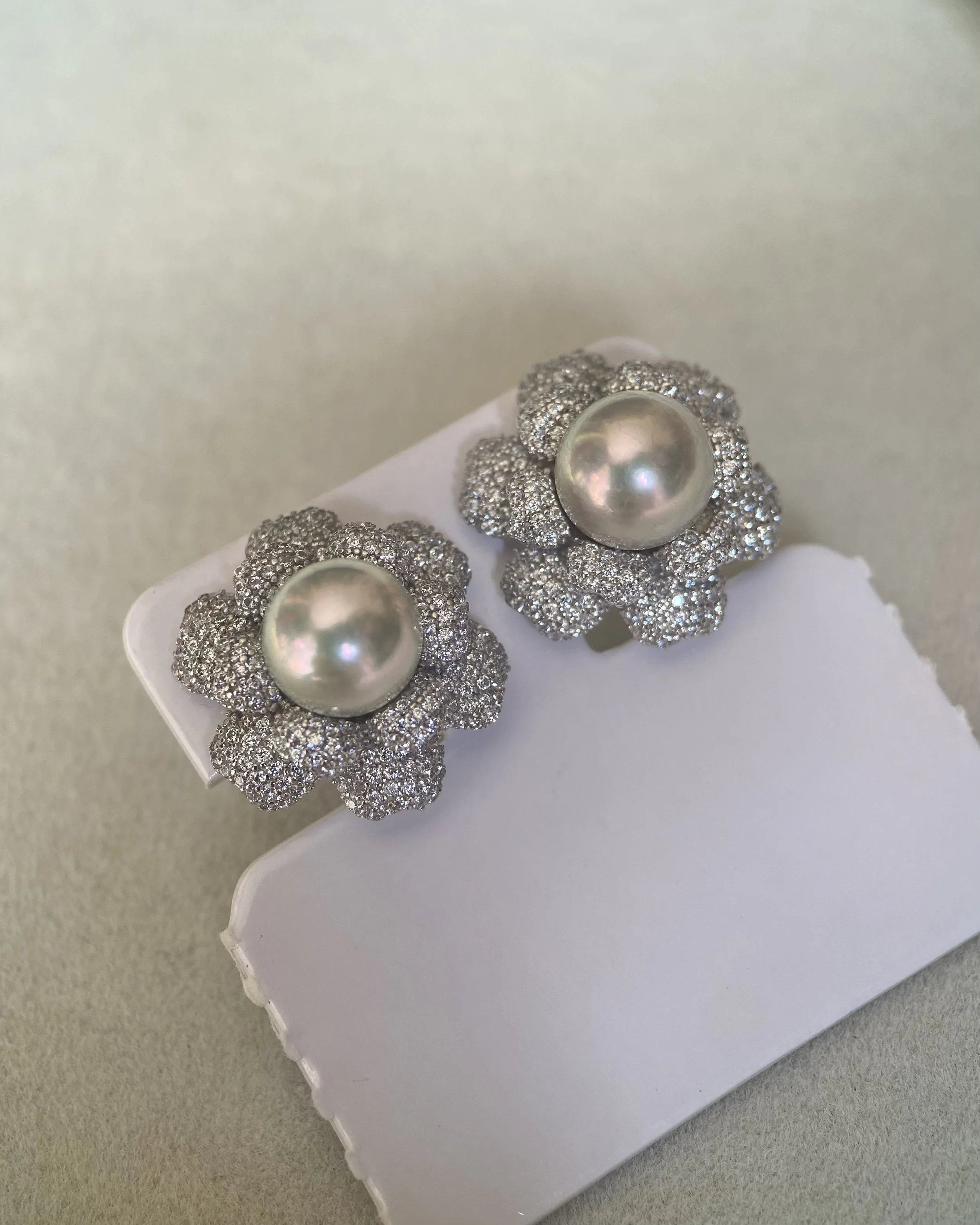 Luxury Gardenia Blossom_Japanese Silver-Grey Madama Akoya Pearl Stud Earrings 8.2mm, Double-Layer Pavé S925 Silver, Exhibition Piece Starlit Pearls