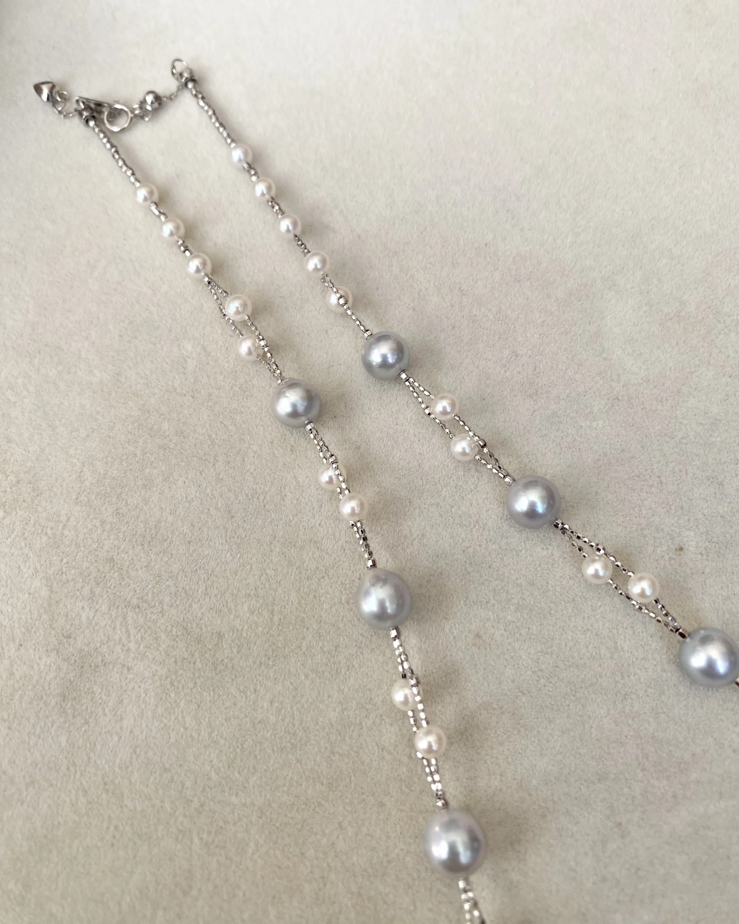 'Celestial Drift' Natural Silver-Grey Japanese Madama Akoya & Mini White Pearl Double-Strand Necklace 7–8mm/3mm, Japanese S925 Silver Starlit Pearls
