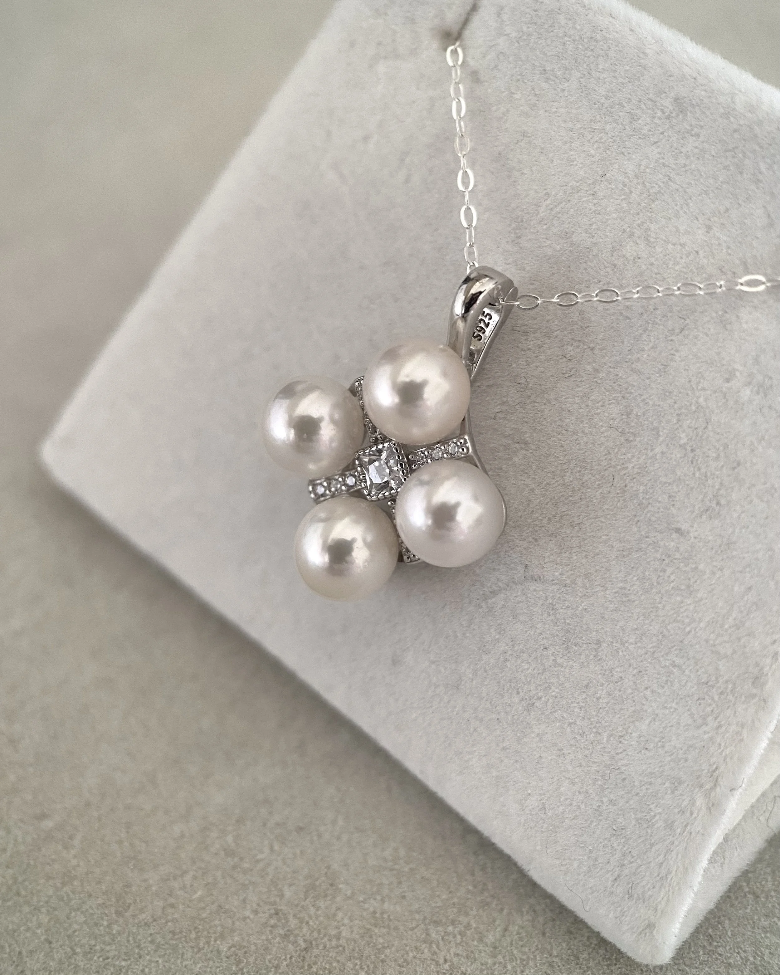 White Japanese Four-Akoya Pearl Floral Cross Pendant 6.2mm, Pink Overtones & Luminous Lustre, S925 Silver Openable Bail, Gift for Her Starlit Pearls