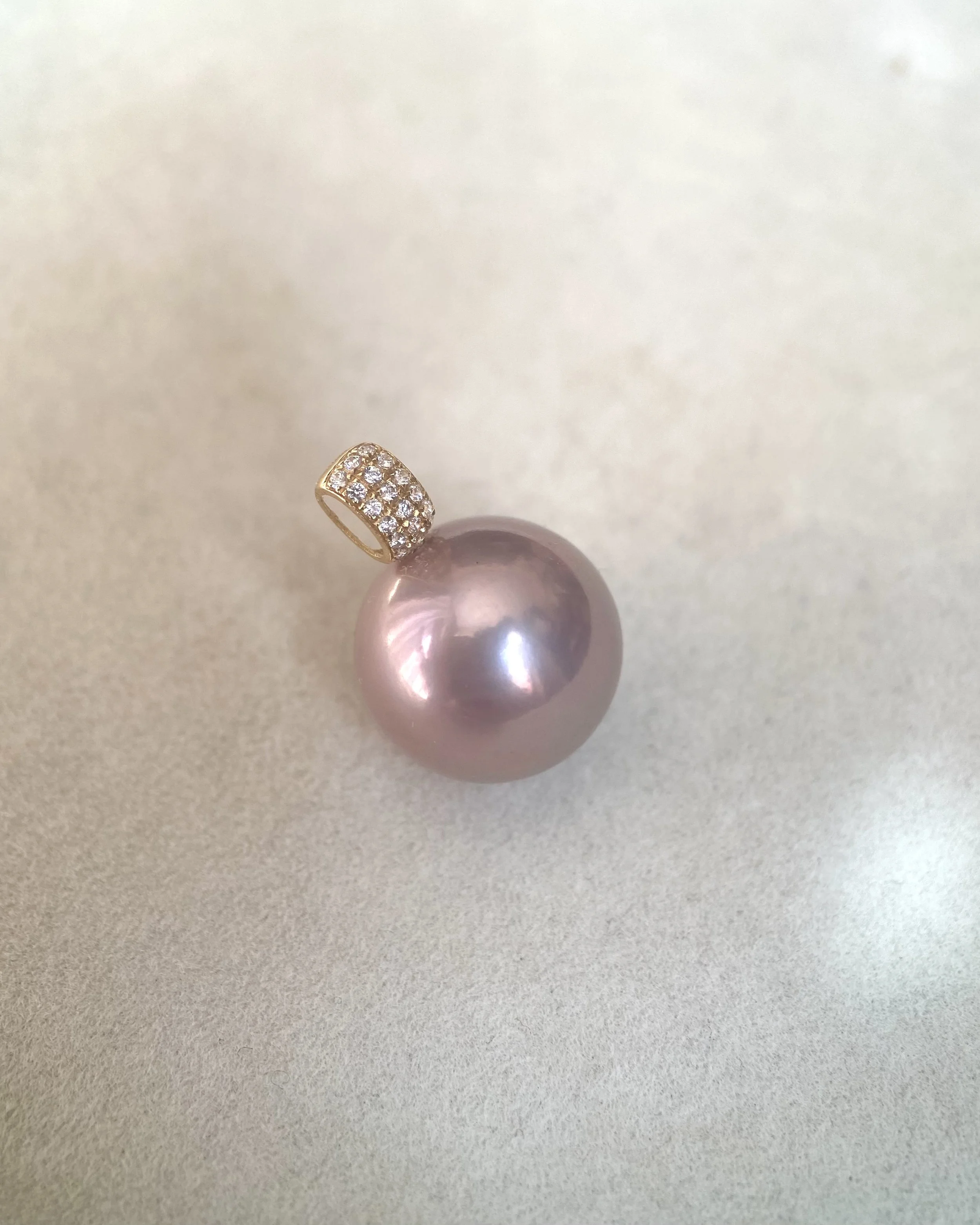 13.5mm Giant Antique Fuchsia Freshwater Pearl Pendant, Heavy 18K Solid Gold Pavé Bail, Mirror-Lustre, Round Statement Purple Pearl