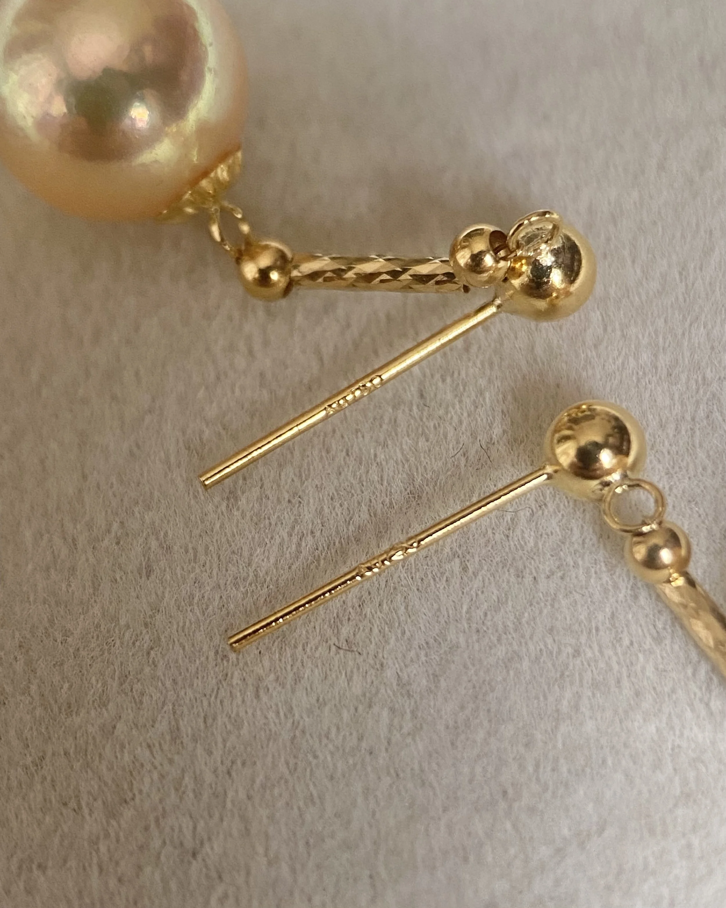 Japanese Amami Oshima Golden Pearl Drop Earrings in Solid 18K Gold 7.6mm, Iridescent Overtones, Graceful Movement Starlit Pearls