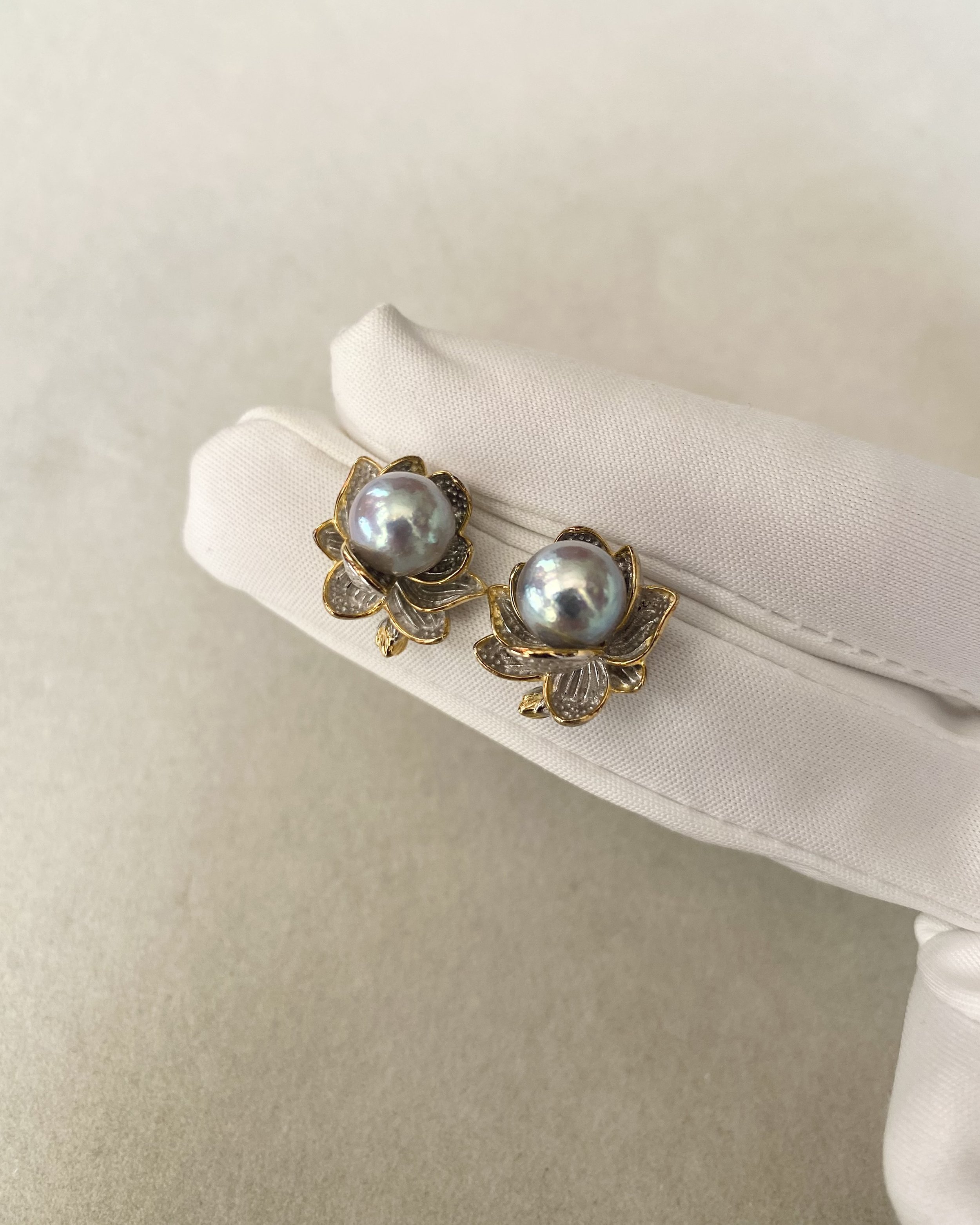 Refined 8.3mm Japanese Silver-Grey-Blue Madama Akoya Pearl Earrings, Radiant Pink Overtones, Artisan S925 Silver Lotus Leaf Setting Starlit Pearls