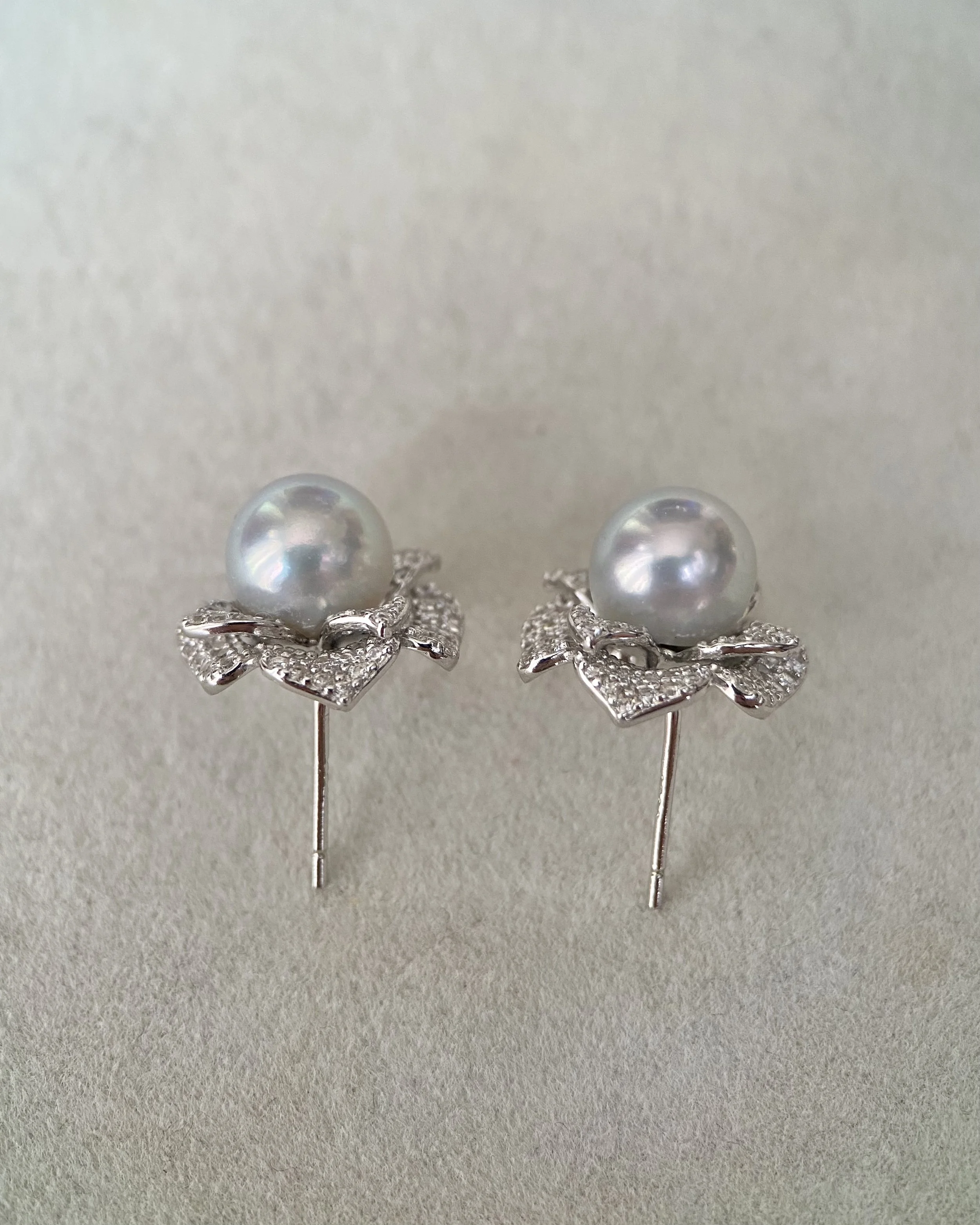 8mm Japanese Natural Silver-Grey Madama Akoya Pearl Camellia Stud Earrings, Mirror Lustre, S925 Layered Pavé CZ Petals, Show Piece