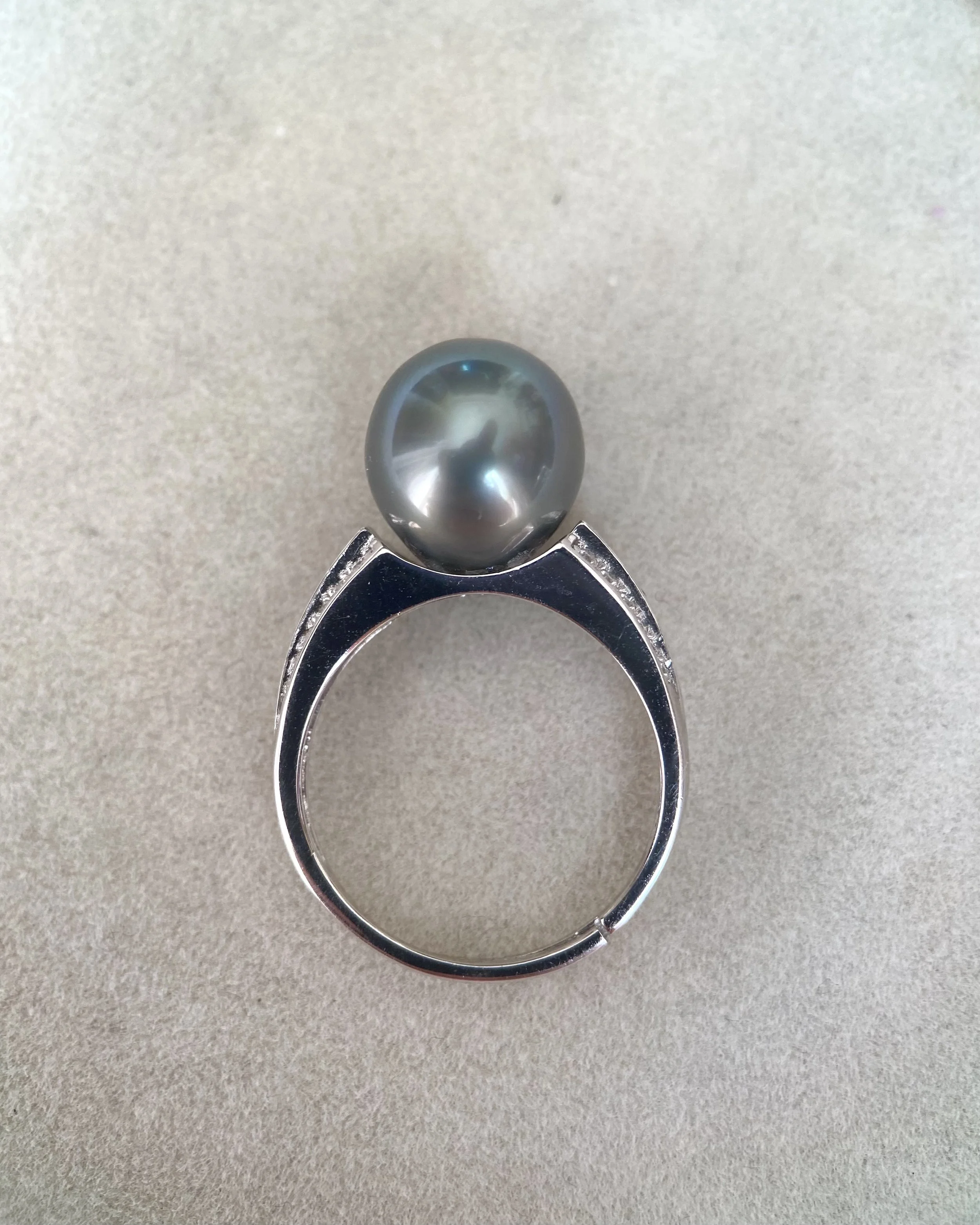 Tahitian South Sea Pearl Ring, Architectural S925 Silver Pavé Design, 10.3mm Smoky Peacock Tahitian Pearl, Jewellery Exhibition Piece Starlit Pearls
