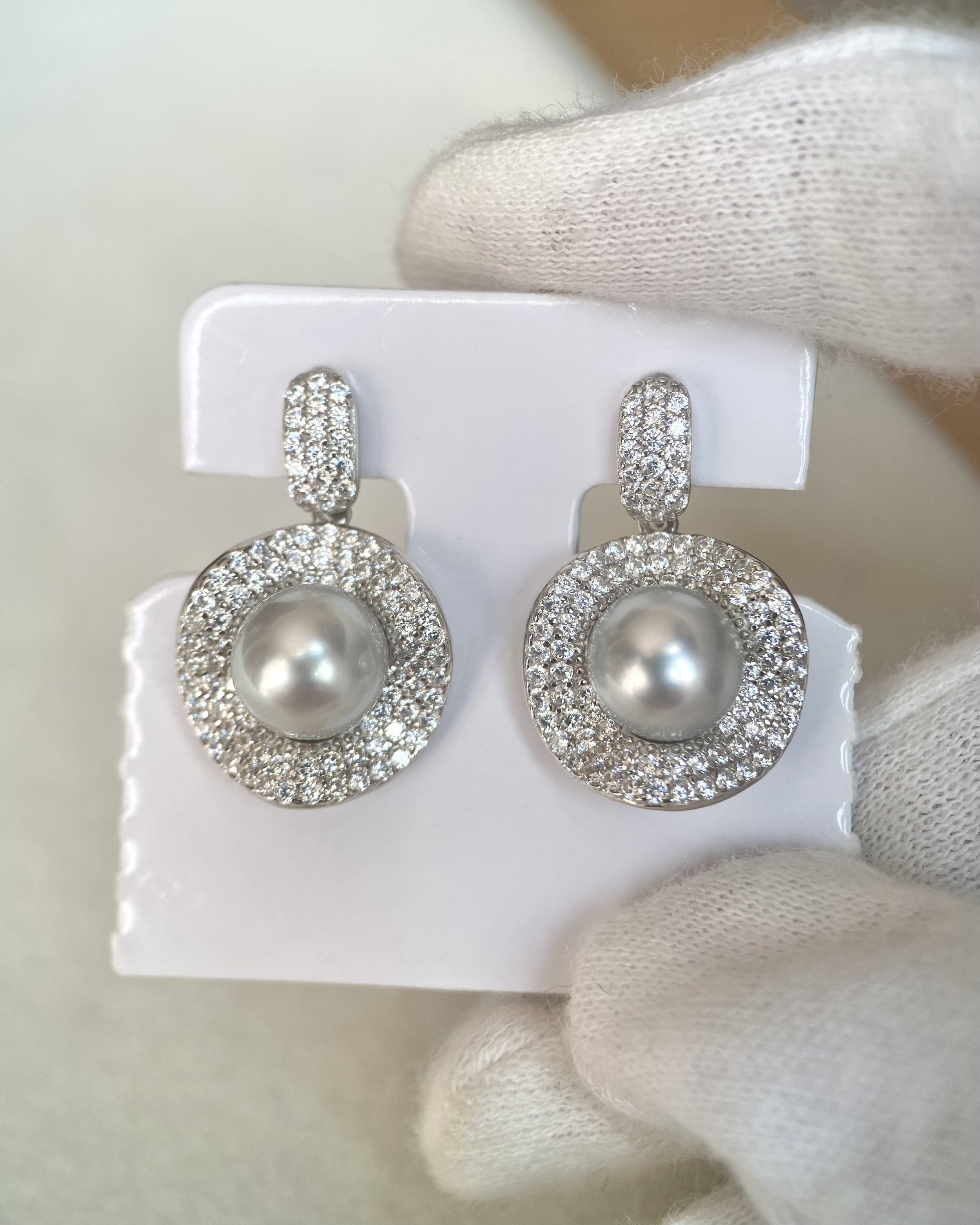 Luxury Pavé Natural Silver Grey Japanese Madama Akoya Pearl Drop Earrings 8.1mm, Japanese S925 Silver Double Halo, Exhibition Piece Starlit Pearls