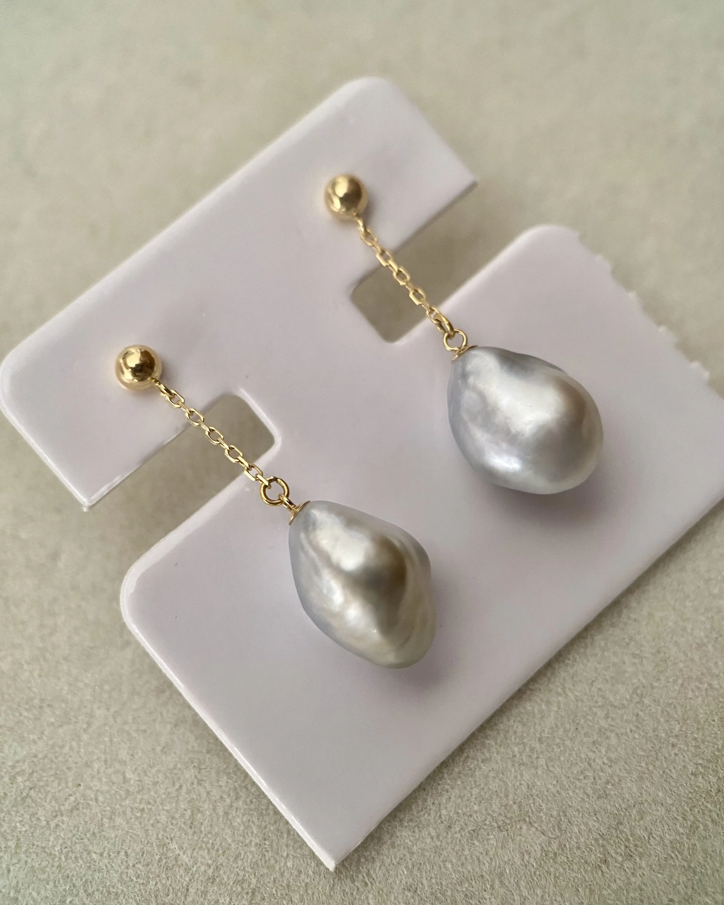 Rare Australian Icy Silver South Sea Baroque Pearl Drop Earrings 11–12mm, Satin Lustre, Solid 18K Gold Fittings, Wind-Sway Design Starlit Pearls