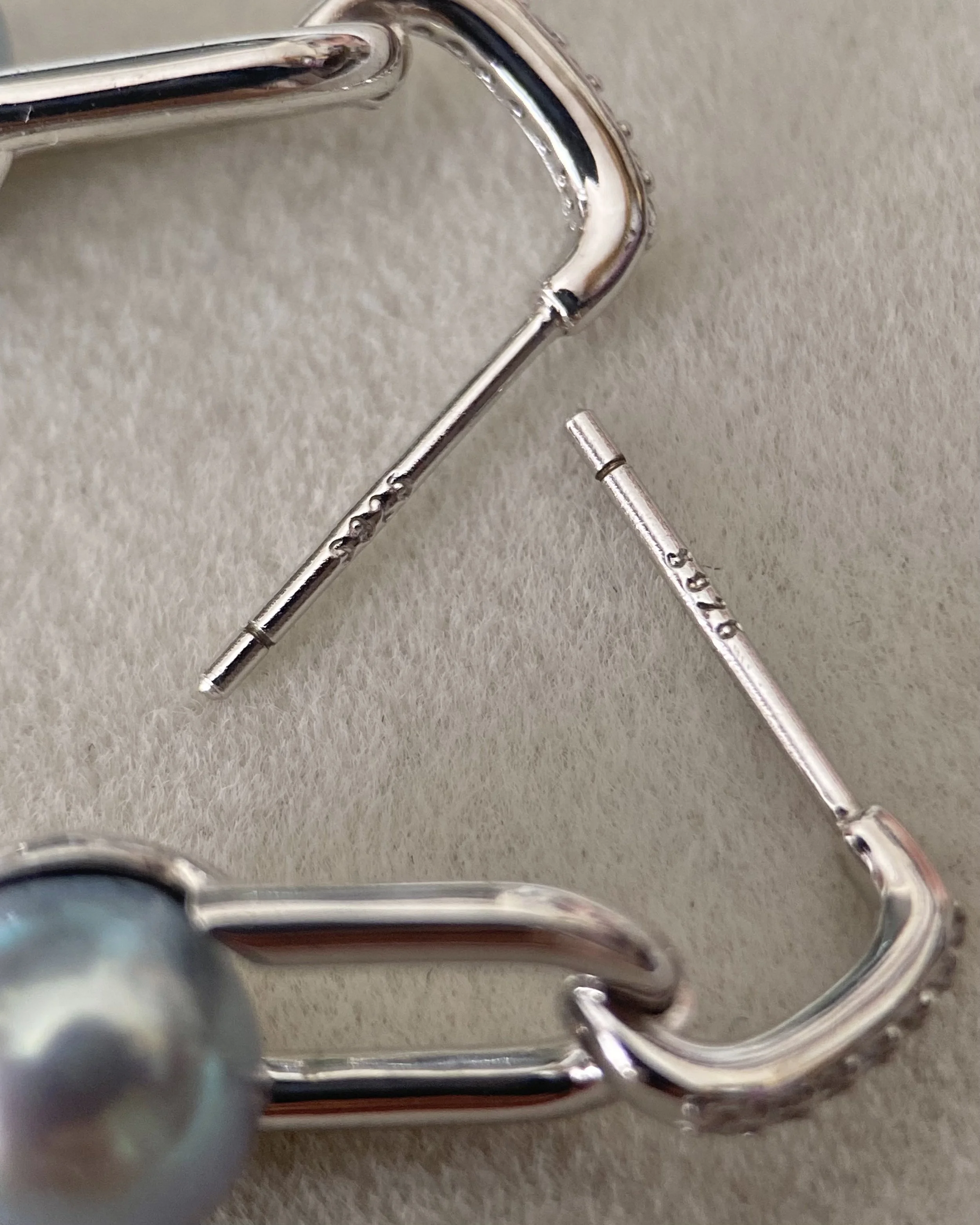 Natural Icy Blue Japanese Madama Akoya Pearl Link Drop Earrings 7.2–7.3mm, Pavé CZ Two-Part S925 Silver, Japan Jewellery Show Piece Starlit Pearls