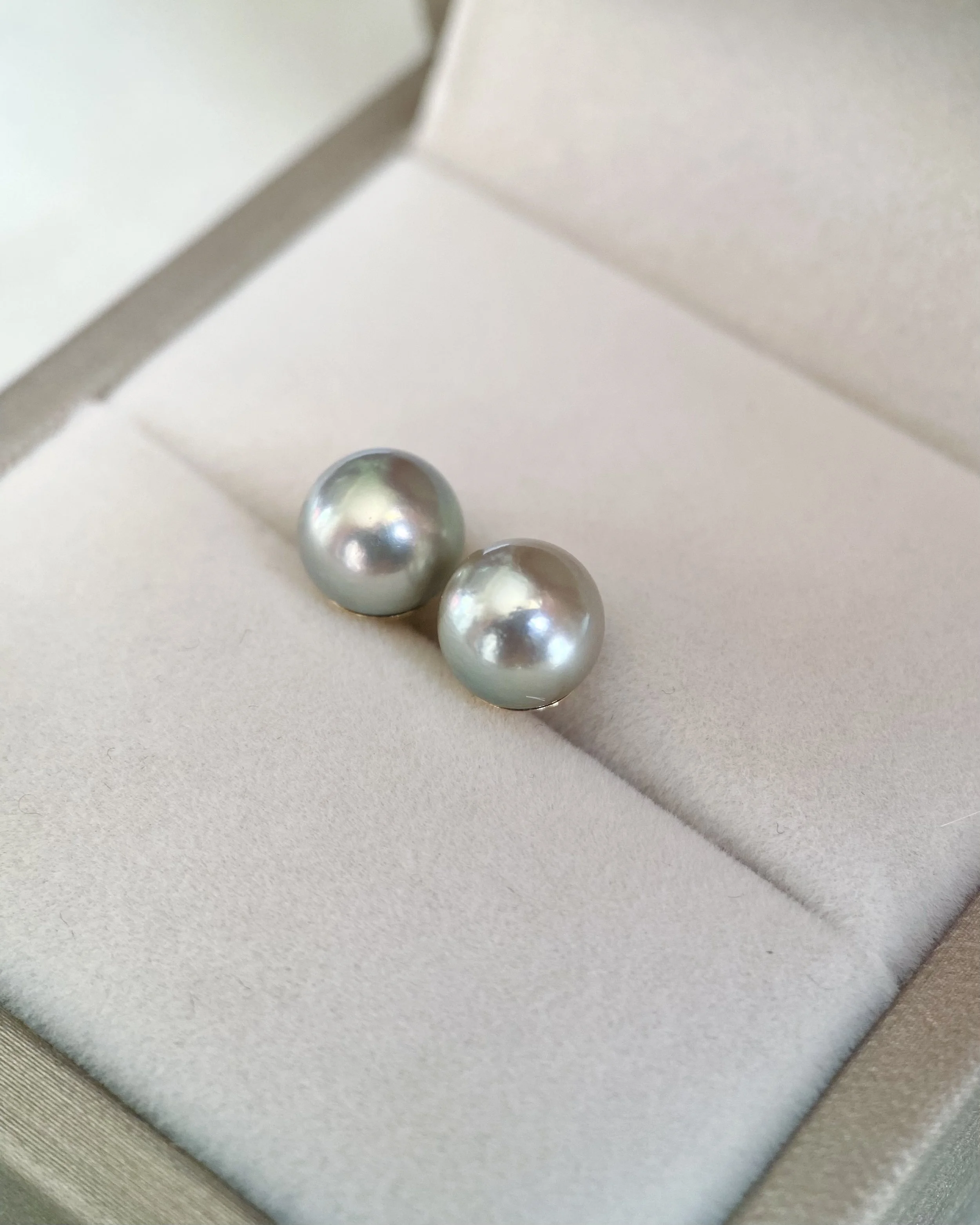 8mm Silver Olive-Green Japanese Madama Akoya Pearl Stud Earrings, Metallic Lustre, Solid 18K Thick Posts & Full Gold Cap Setting Starlit Pearls