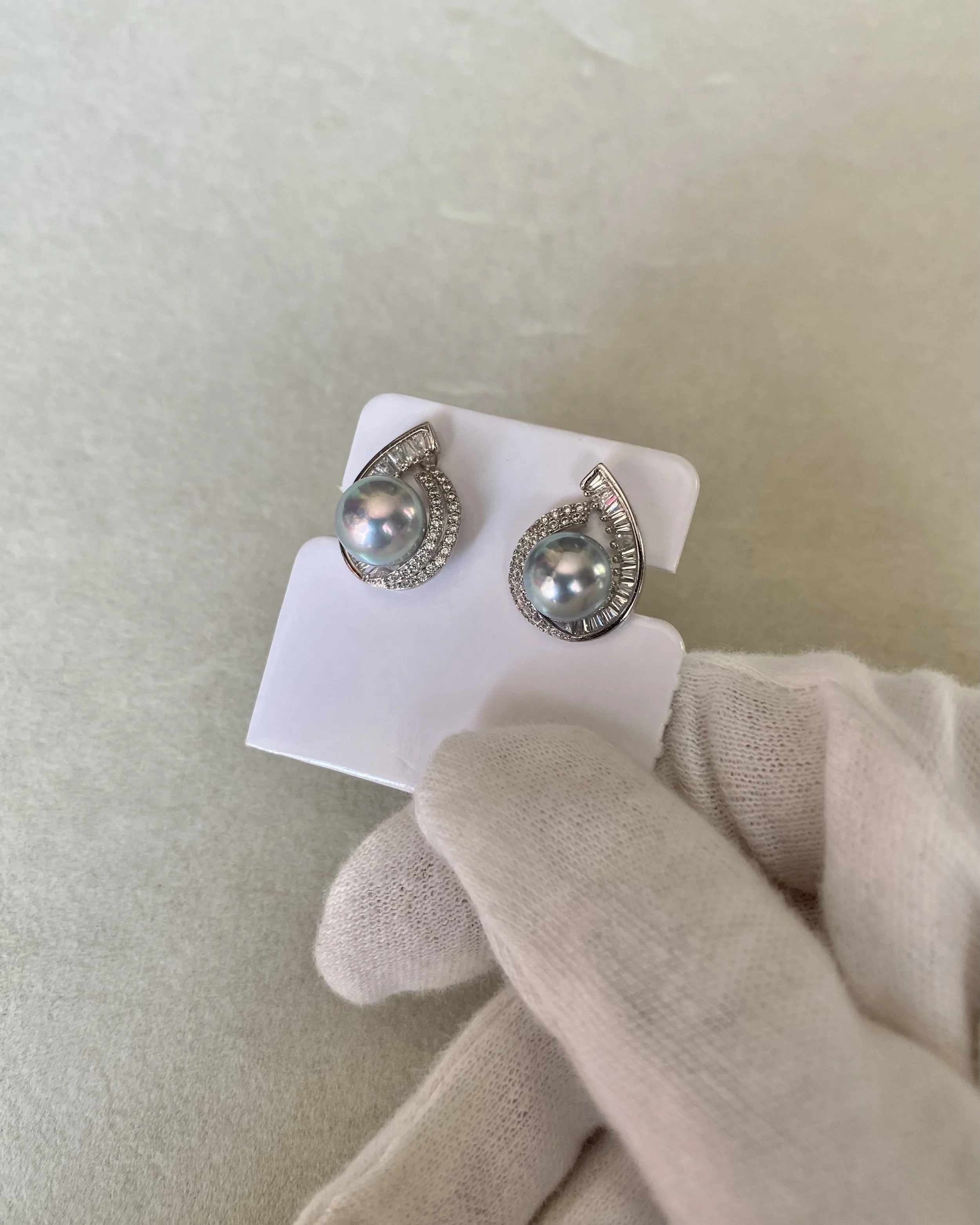 Japanese Silver Grey Madama Akoya Pearl Earrings 8–8.3mm, Iridescent Overtones, S925 Silver Teardrop Baguette Design, Exhibition Piece Starlit Pearls