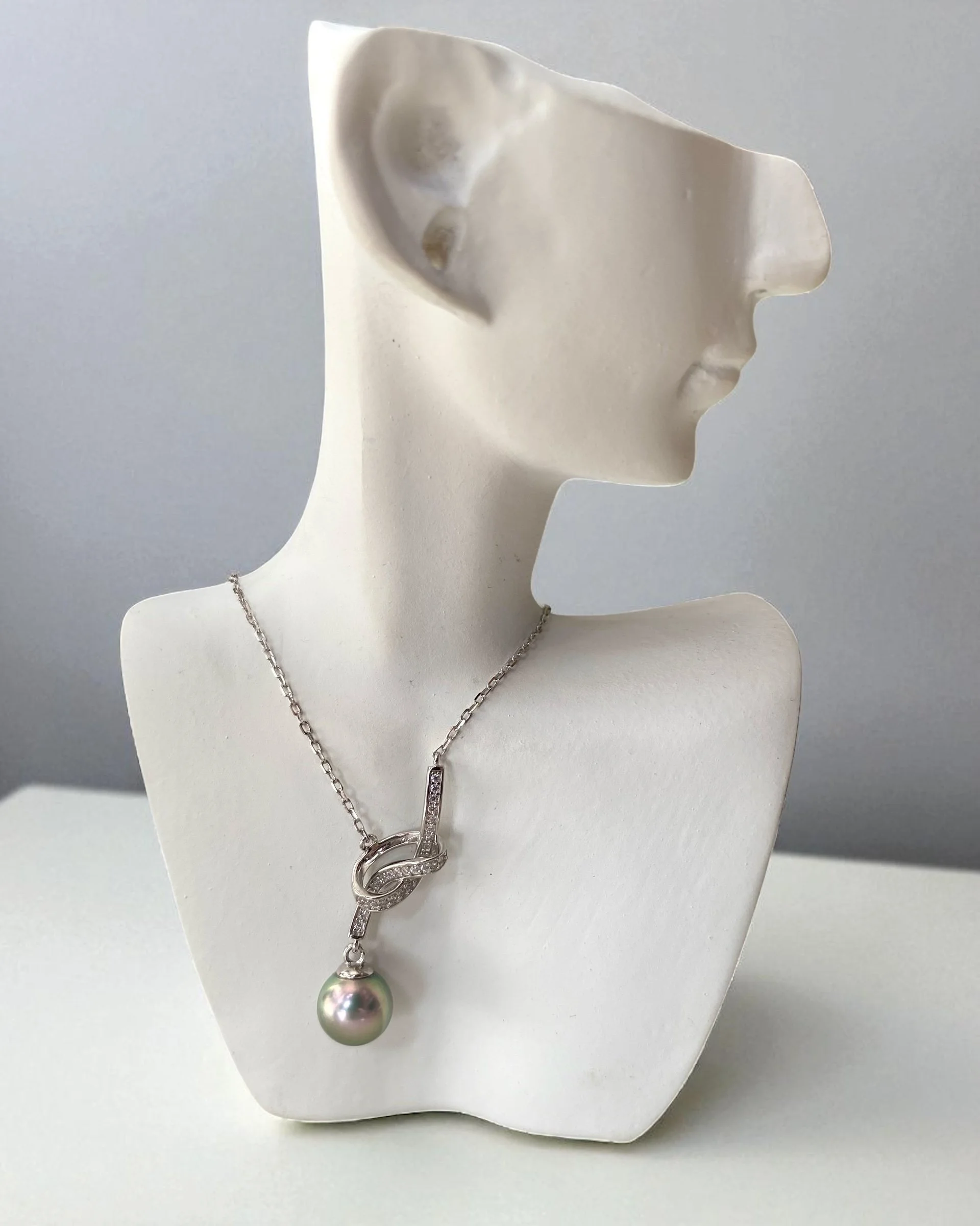 Rare Silver-Peacock Green Madama Akoya Pearl Pendant Necklace, 7.9mm, Pink Overtone, S925 Silver & CZ Knot Design, Fully Finished in Japan Starlit Pearls