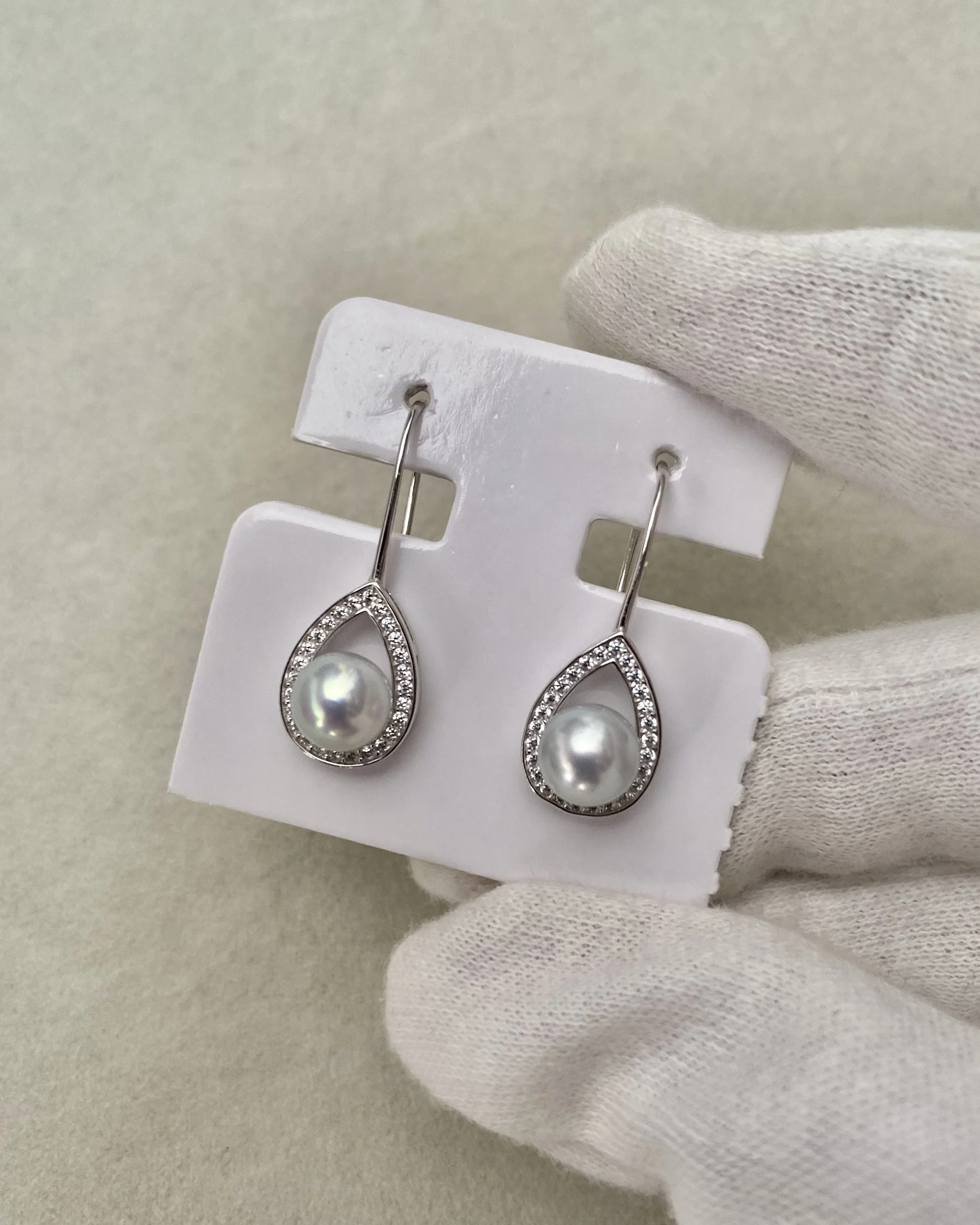 Japanese Airy Silver-Grey Madama Akoya Pearl Hook Earrings 6.7mm, S925 Silver Teardrop Pavé Halo Setting, Jewellery Exhibition Piece Starlit Pearls