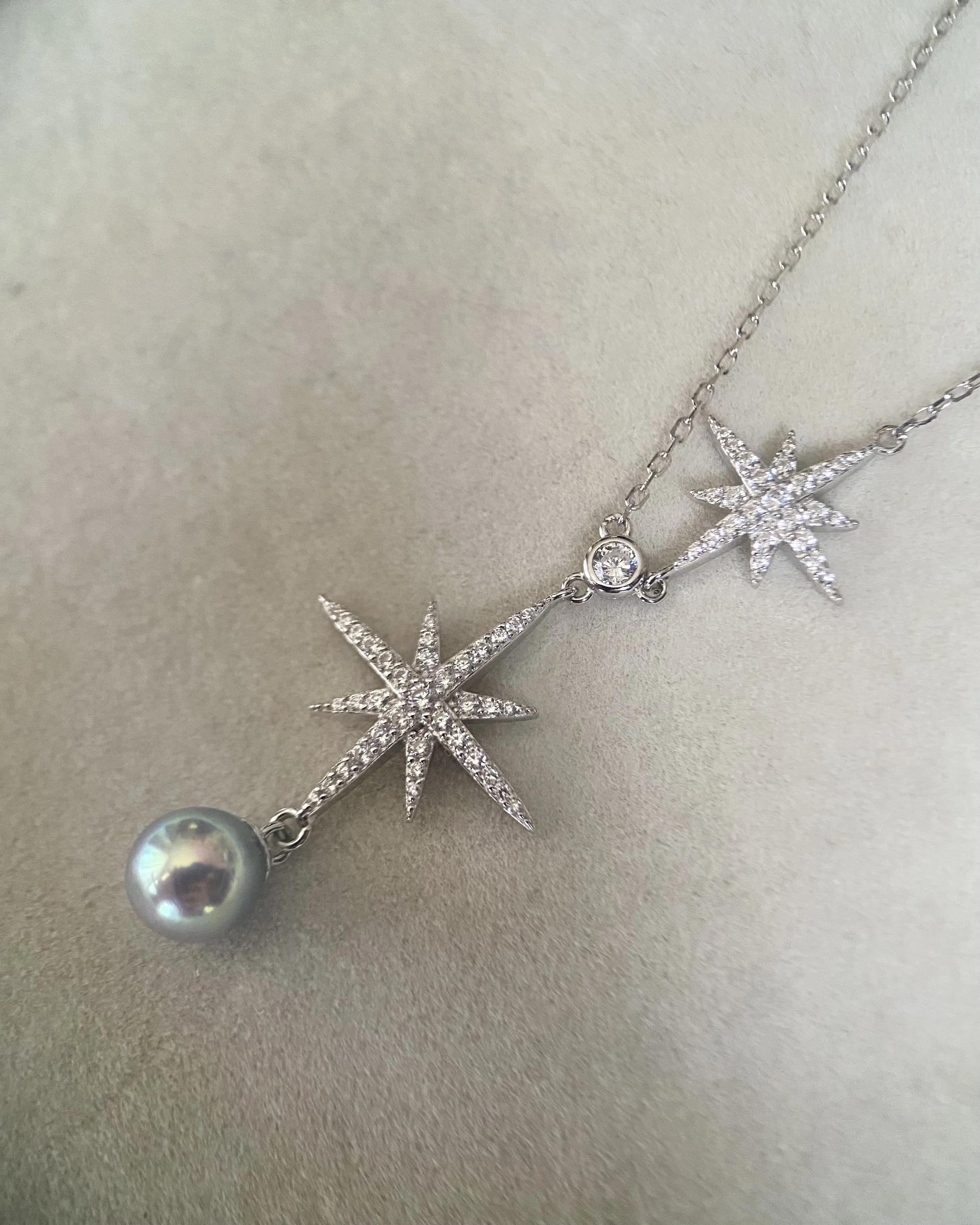 Rare Japanese Silver-Peacock Green Madama Akoya Pearl Pendant Necklace 7mm, 7A Aurora Lustre, Starburst Pavé CZ S925 Chain, Made In Japan