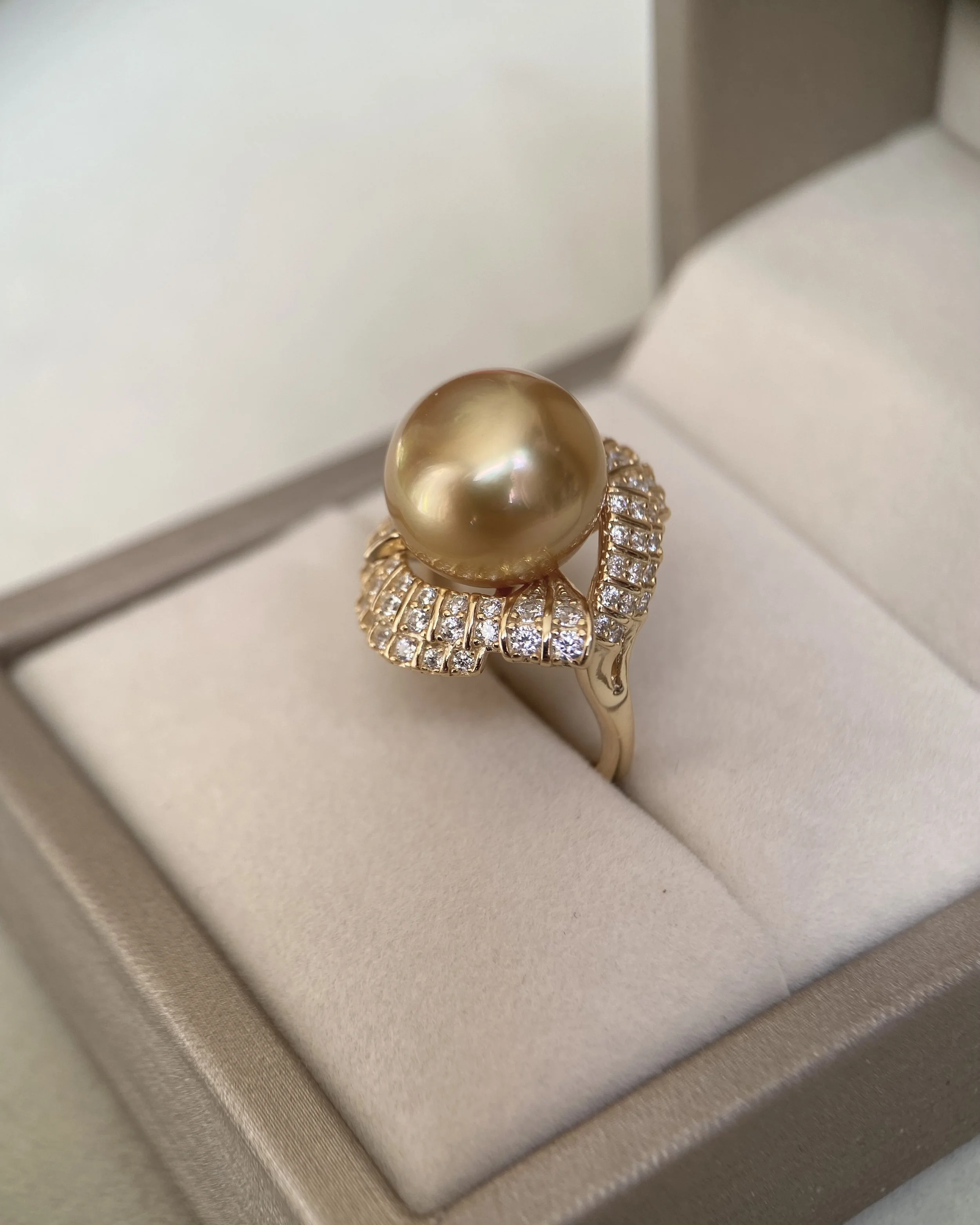 Large 13.2mm Golden South Sea Pearl Ring, Deep Rich Gold Tone, Sculptural Ribbon Pavé-Set S925 Sterling Silver Adjustable Band Starlit Pearls