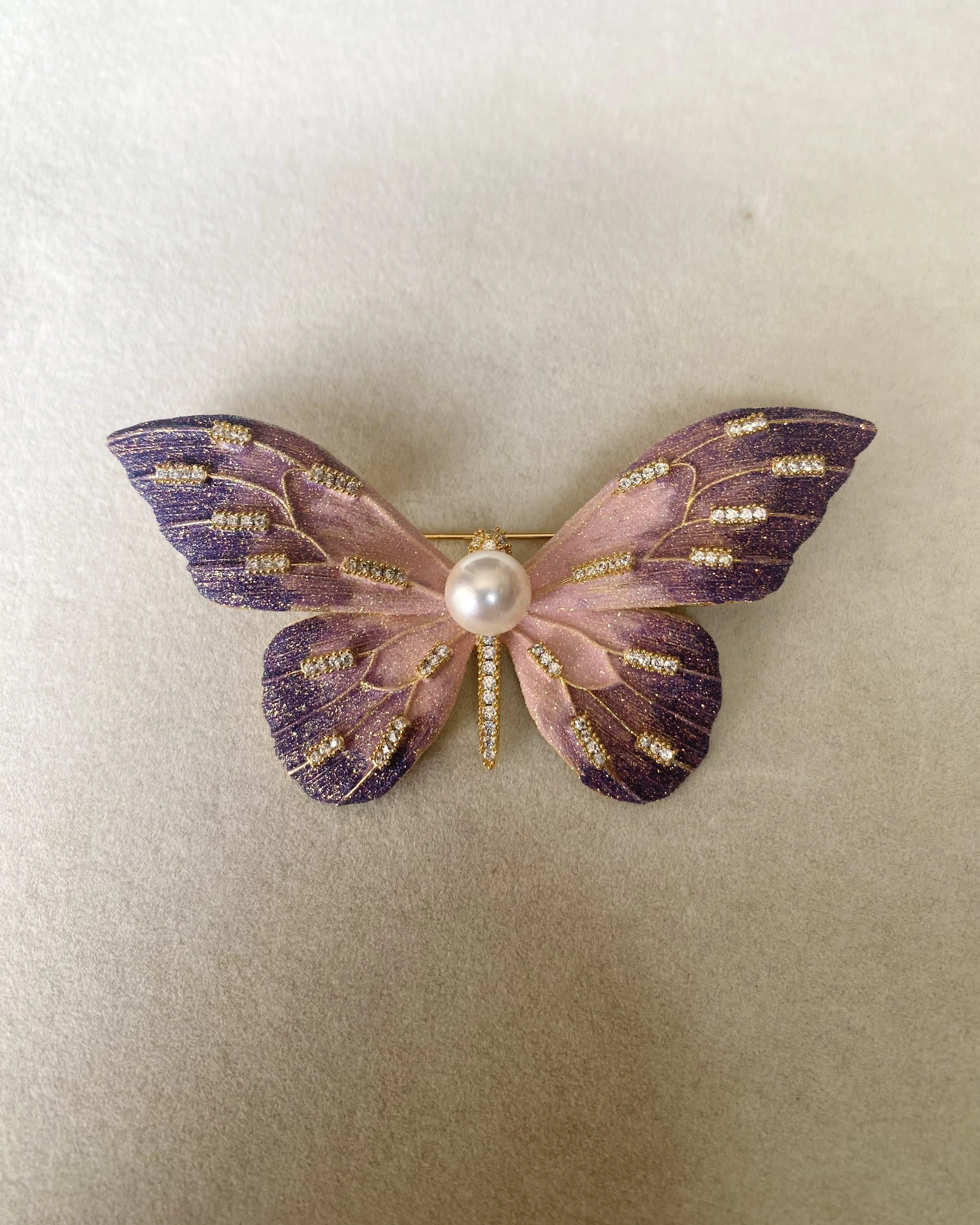 Enchanting Japanese Akoya Pearl Artistic Butterfly Brooch 7.8mm, Brushed Satin Purple Pink Iridescent Wings with Ultra-Fine Shimmer Starlit Pearls