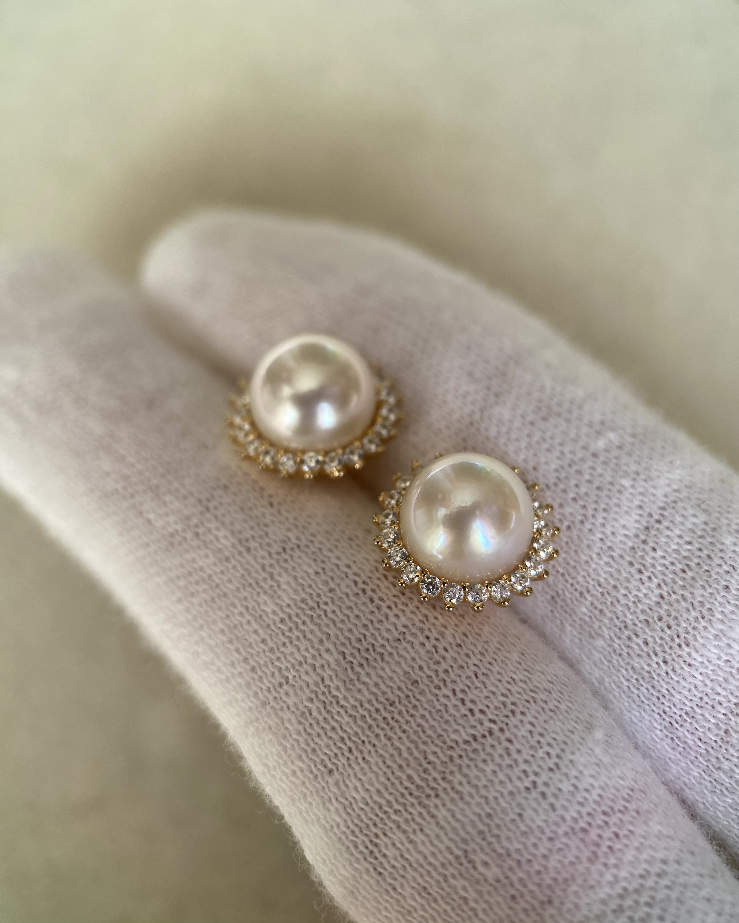 8mm Champagne Japanese Akoya Pearl Stud Earrings, Sourced from Otsuki Pearl, Gold-Toned S925 Sterling Silver Pavé Halo Setting Starlit Pearls