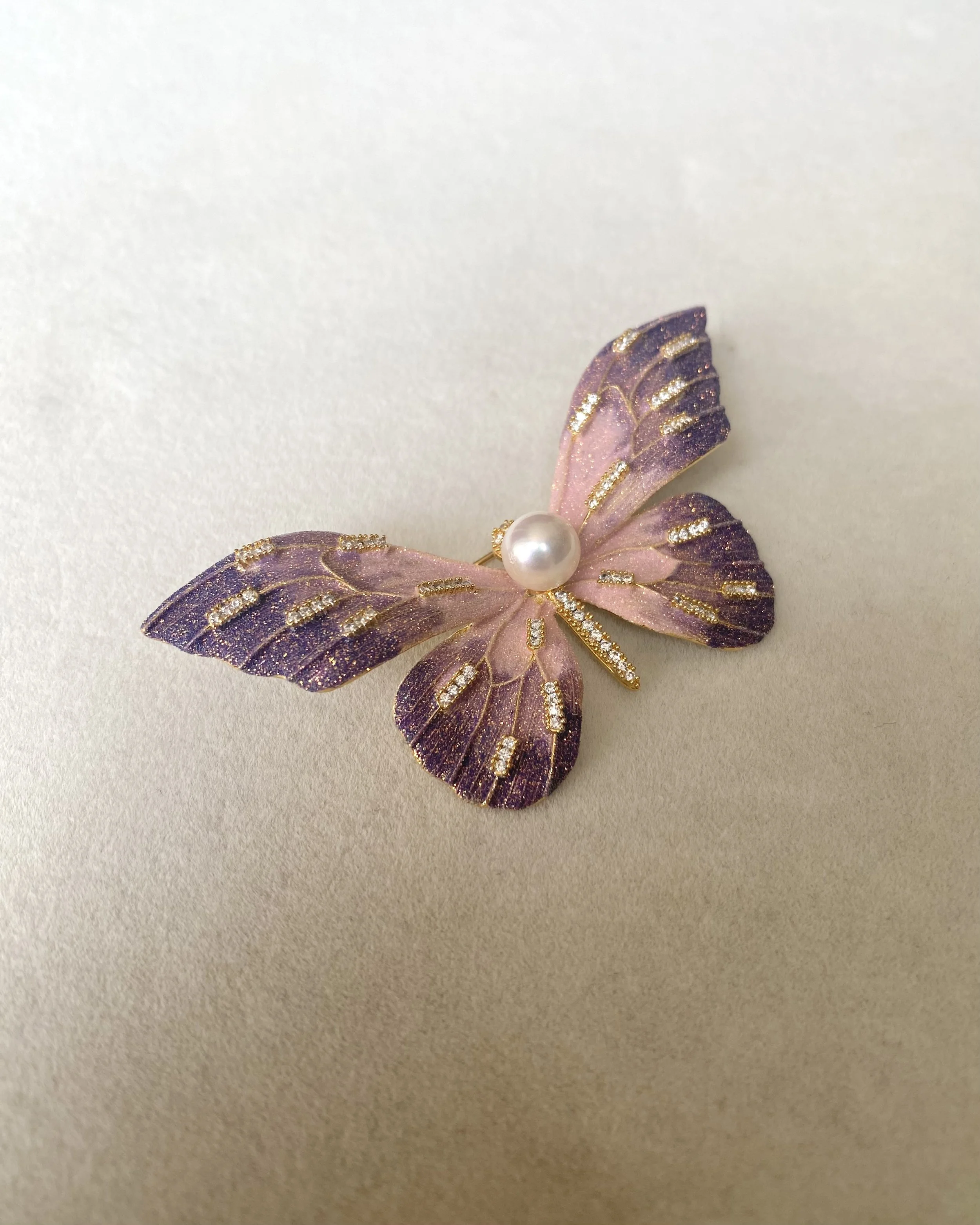 Enchanting Japanese Akoya Pearl Artistic Butterfly Brooch 7.8mm, Brushed Satin Purple Pink Iridescent Wings with Ultra-Fine Shimmer Starlit Pearls