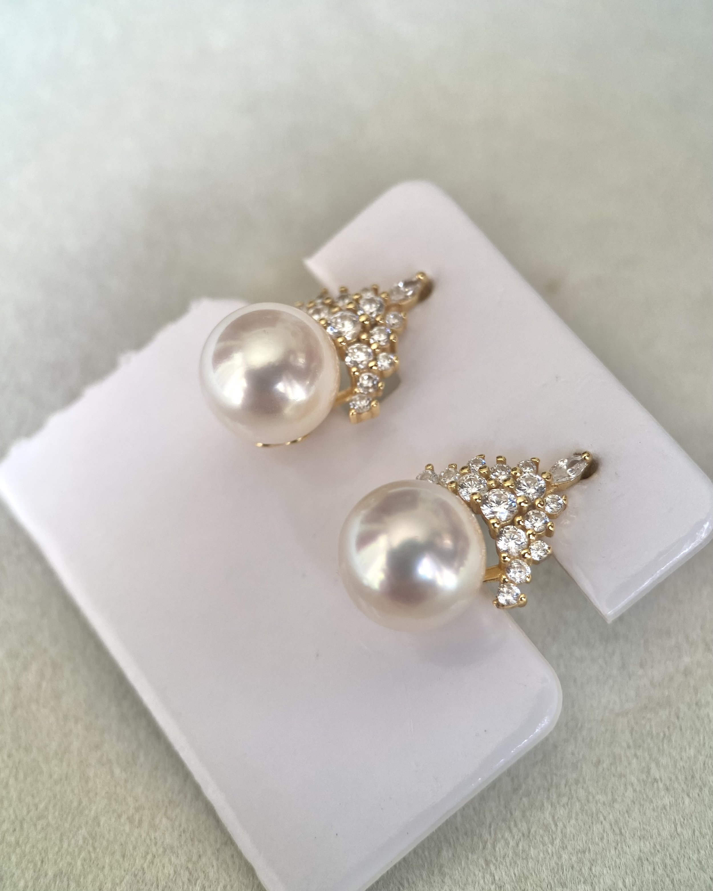 Top Quality Giant 9.2mm Japanese White Koshimono Akoya Pearl Earrings, Crown S925 Pavé Design, Exceptional High-Intensity Lustre Starlit Pearls
