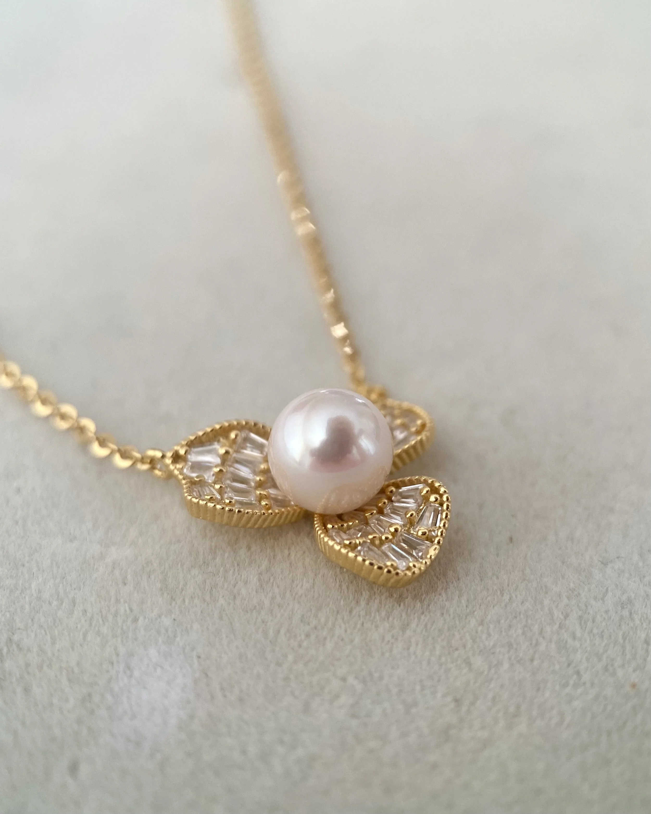 Japanese White Akoya Pearl Necklace 7.6mm, Soft Pink Lustre, S925 Silver Three-Petal Baguette CZ Design, Show Piece, Gift for Her Starlit Pearls